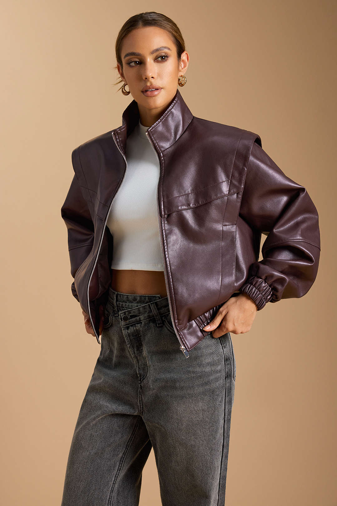 Ines brown zip-front bomber jacket, front view