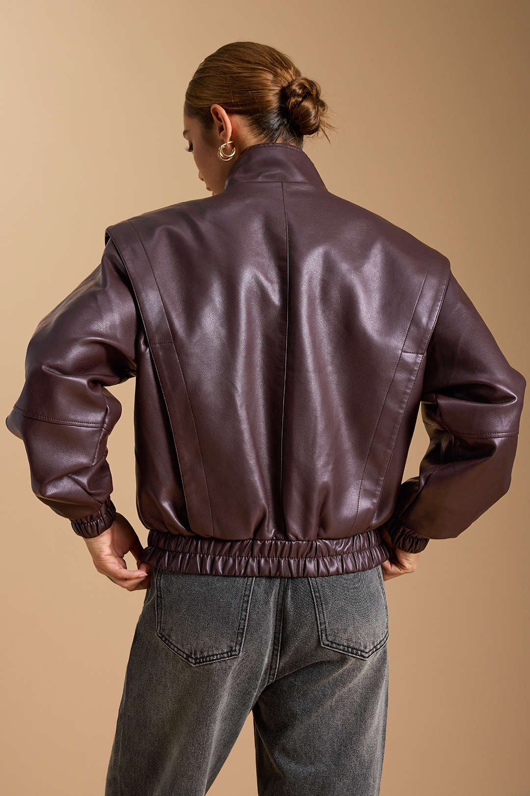 Ines brown zip-front bomber jacket, back view