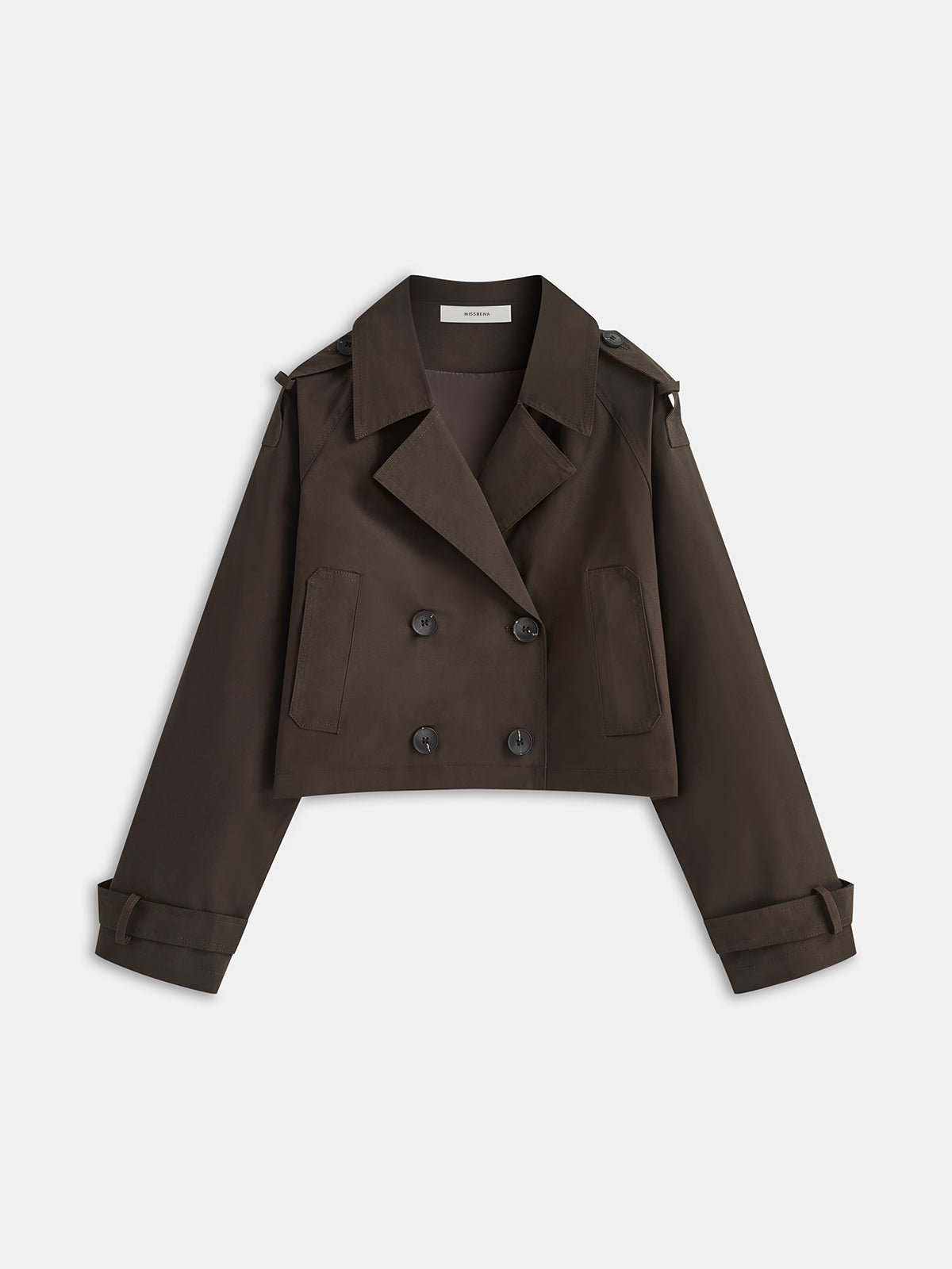 Brown cropped trench jacket laid flat, front