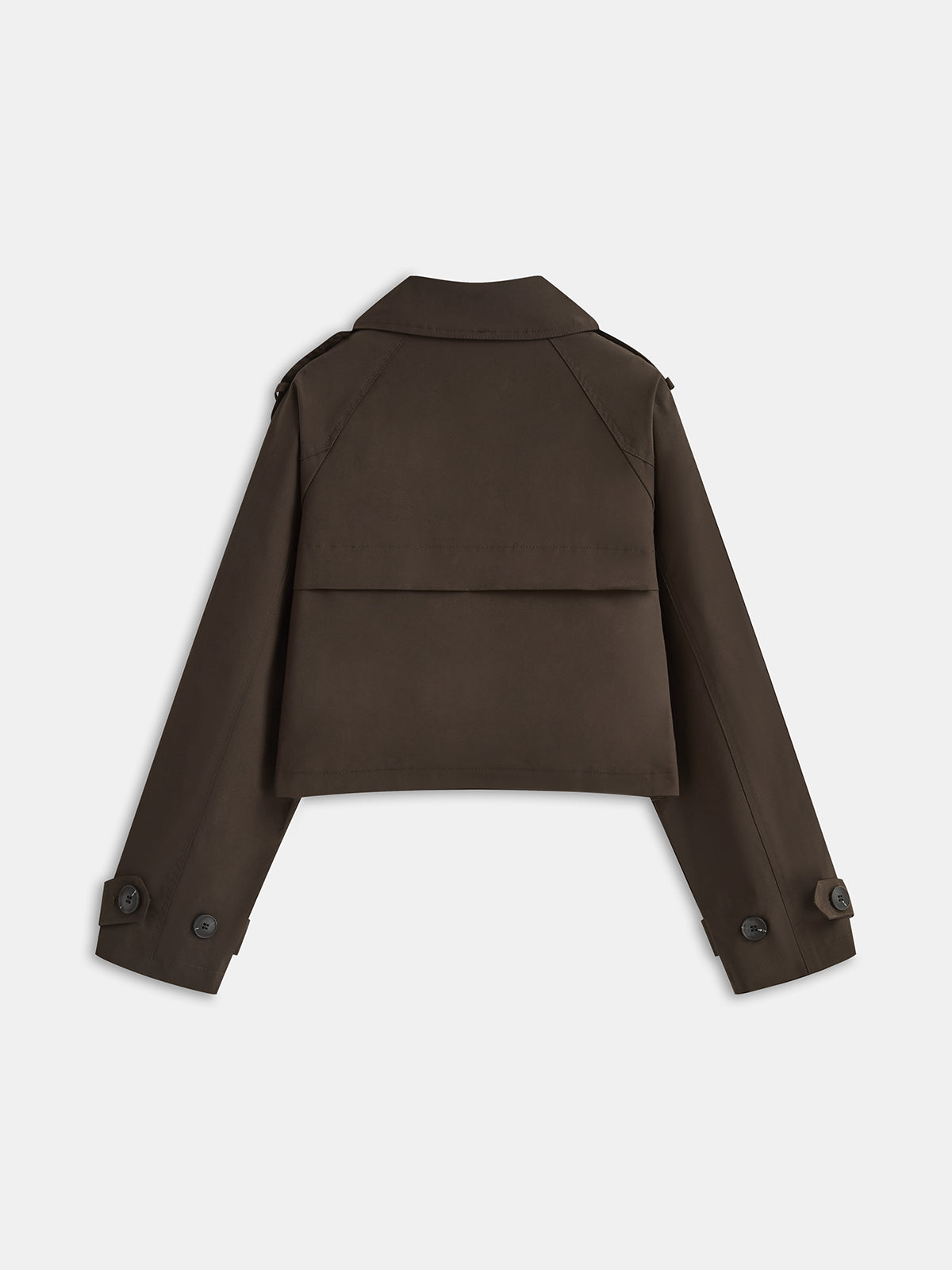 Brown cropped trench jacket laid flat, back