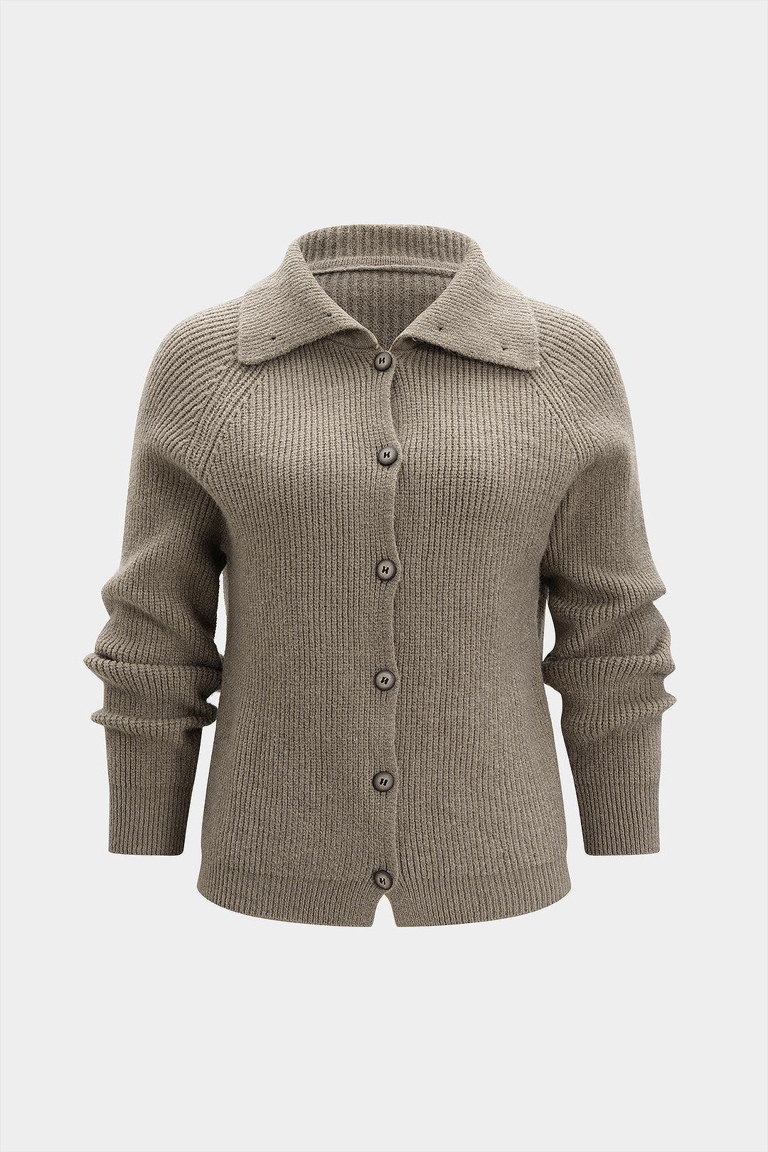 Iris taupe collared ribbed cardigan, front view
