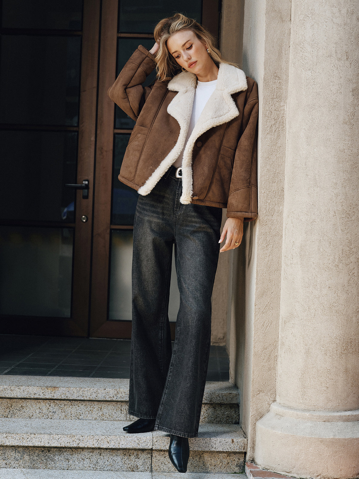 Irma Brown jacket with cream trimmed front edges, full-length view