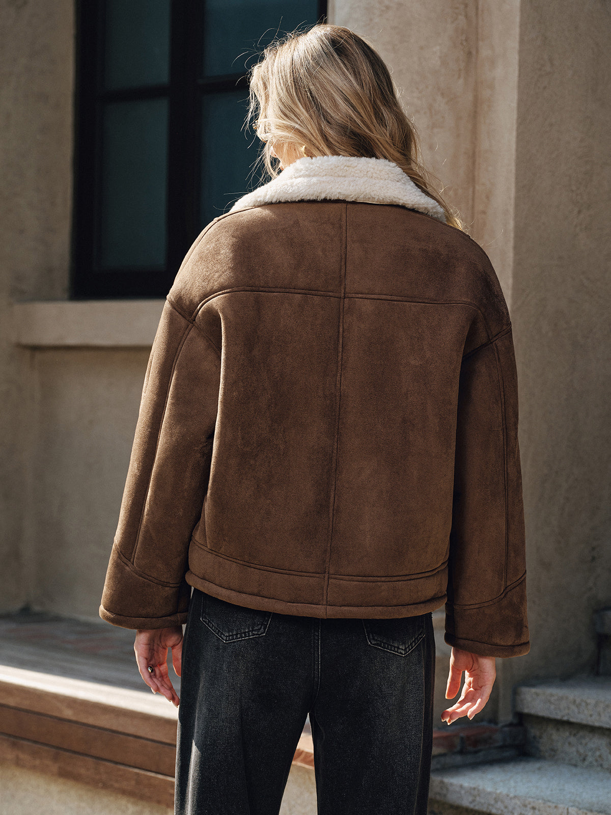 Irma Brown jacket with cream faced collar, back view