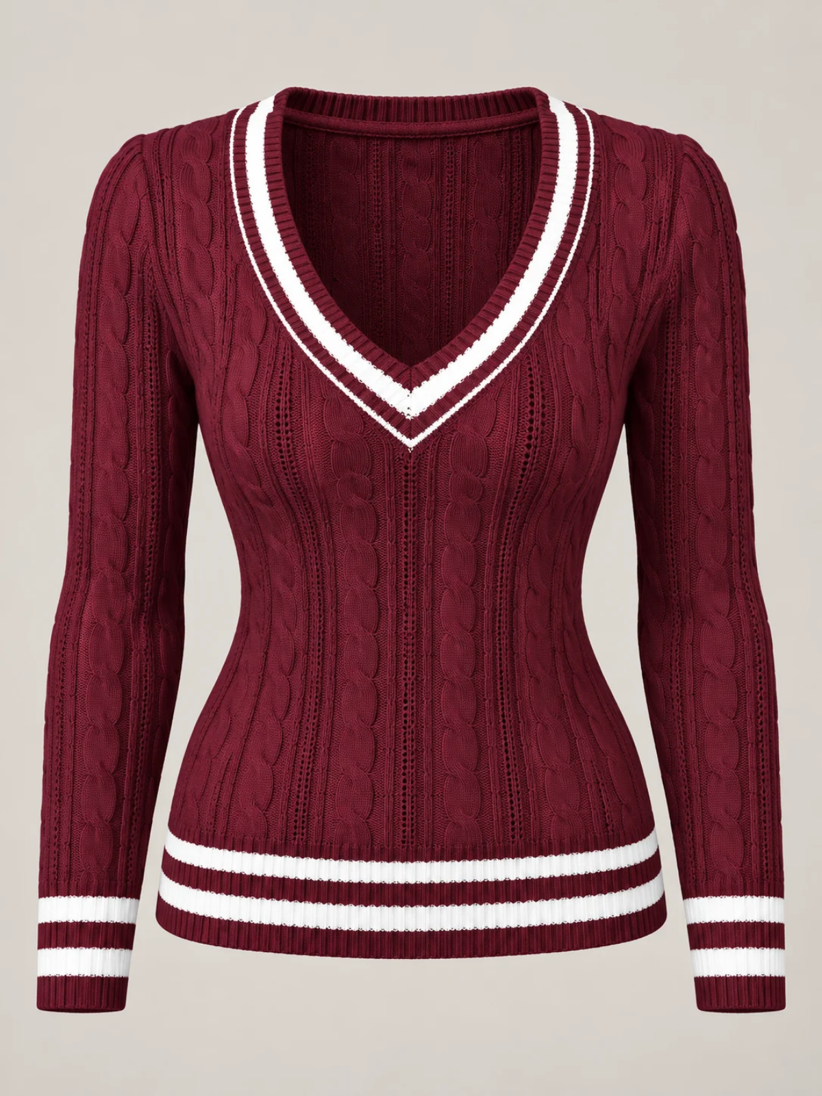 Isabelle burgundy cable knit sweater shown flat, striped cuffs and hem