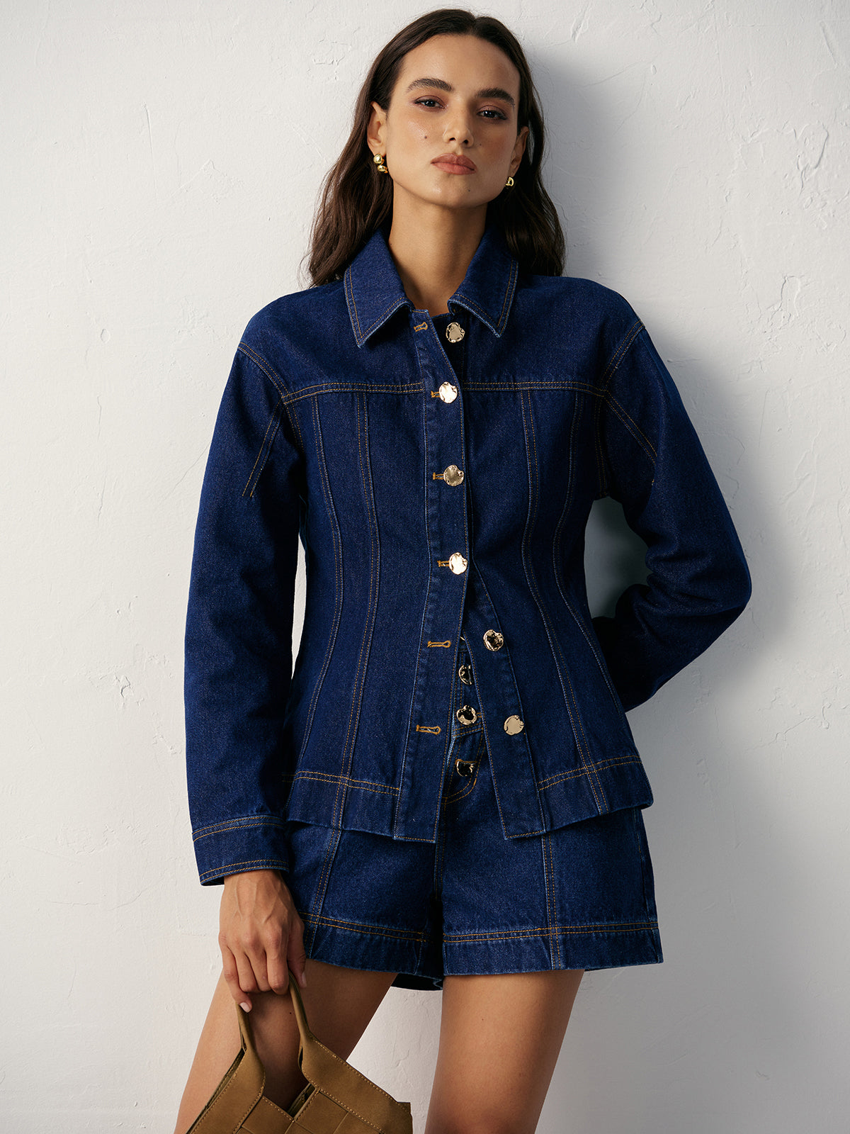 Iseult indigo denim jacket and shorts set, front view