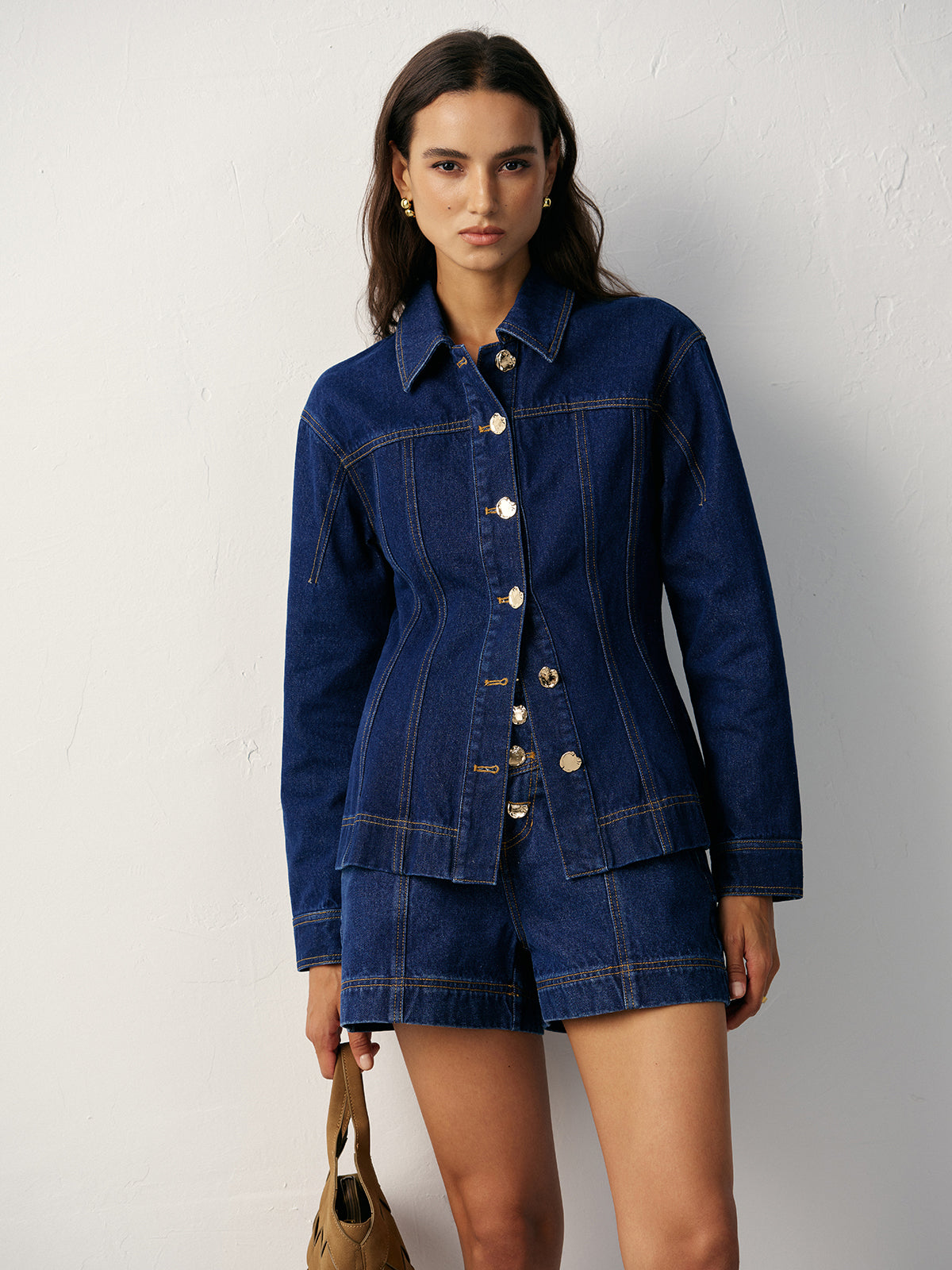 Iseult indigo denim jacket and shorts set, full-length view