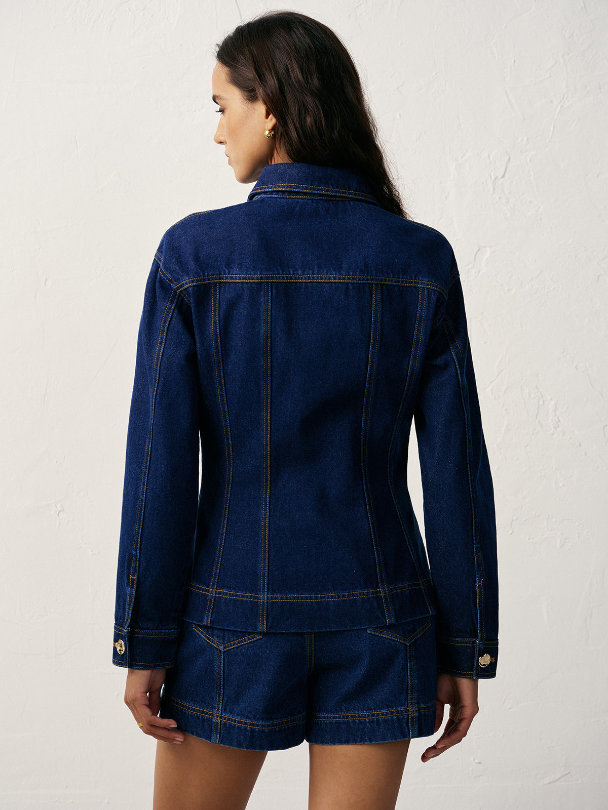 Iseult indigo denim jacket and shorts set, back view