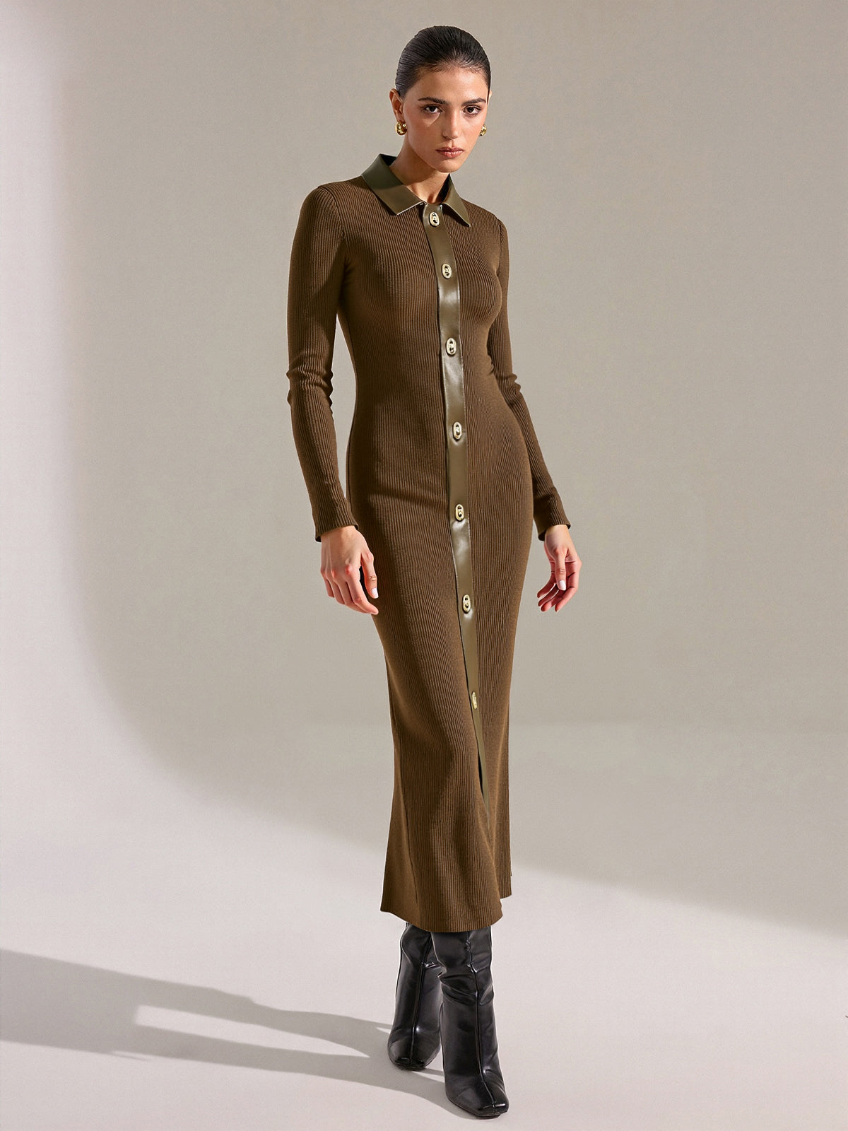 Janine coffee collared ribbed midi dress, full-length view on model