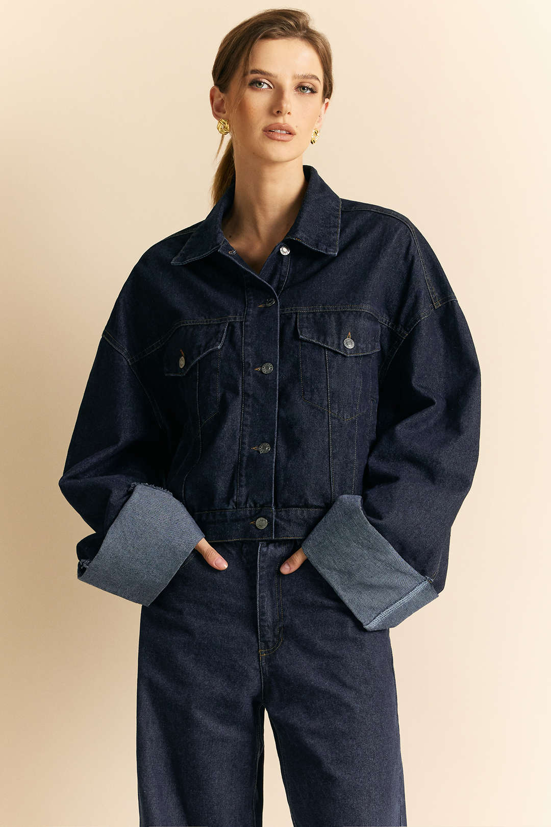 Jeanne blue oversized denim jacket with turn-back cuffs, front view
