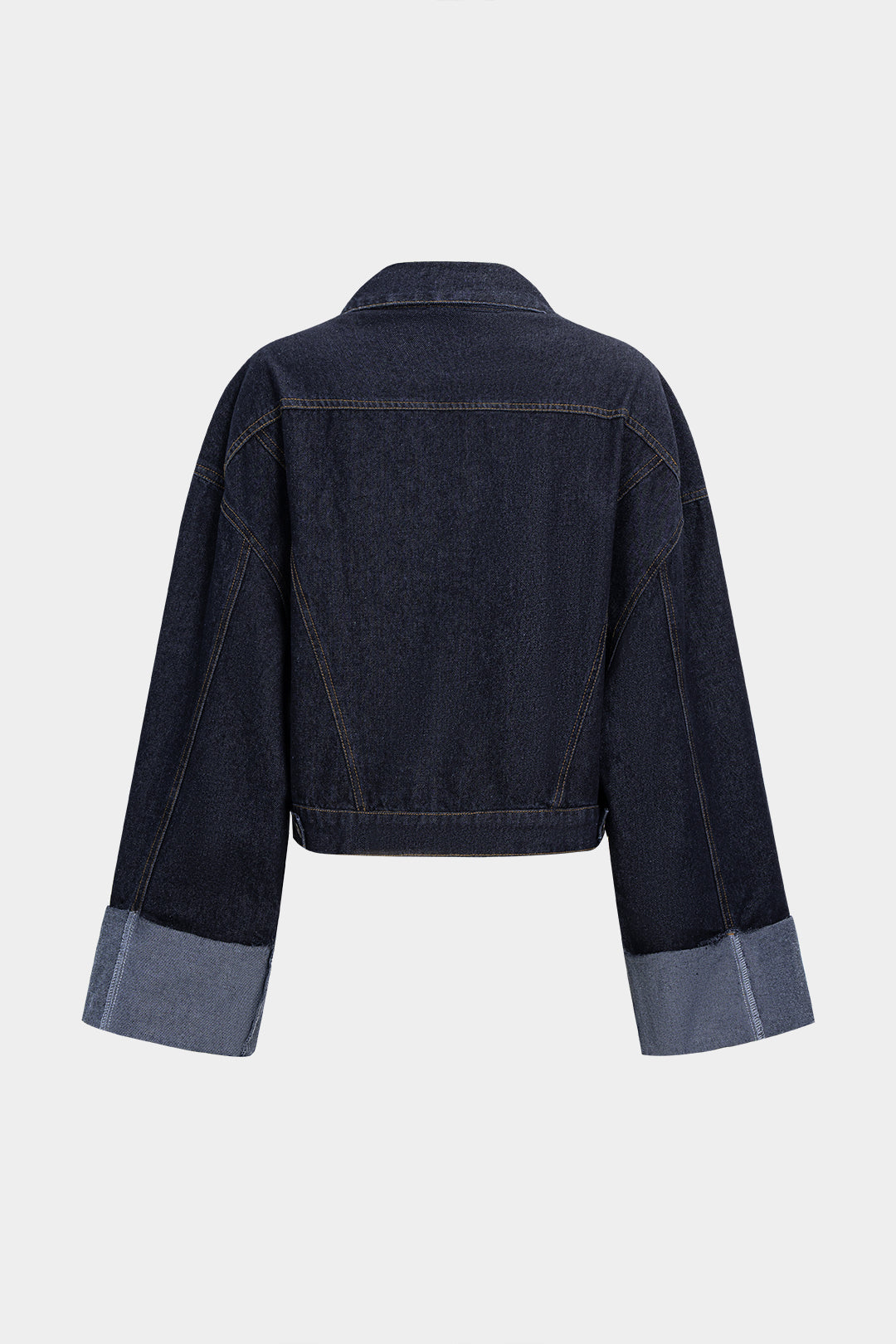 Jeanne blue oversized denim jacket laid flat, back