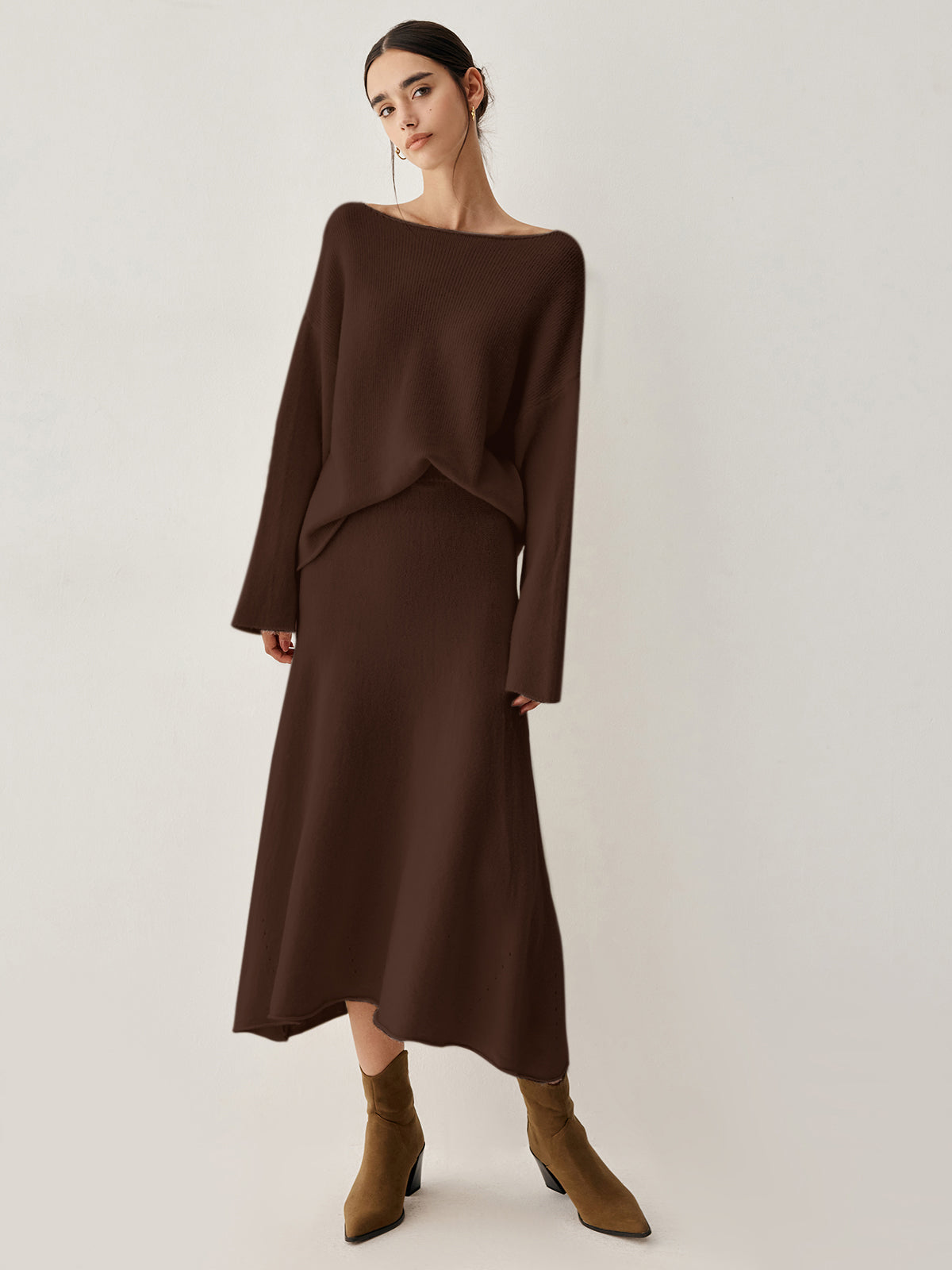 Jehanne espresso boat-neck sweater and flared midi skirt set, full-length front view