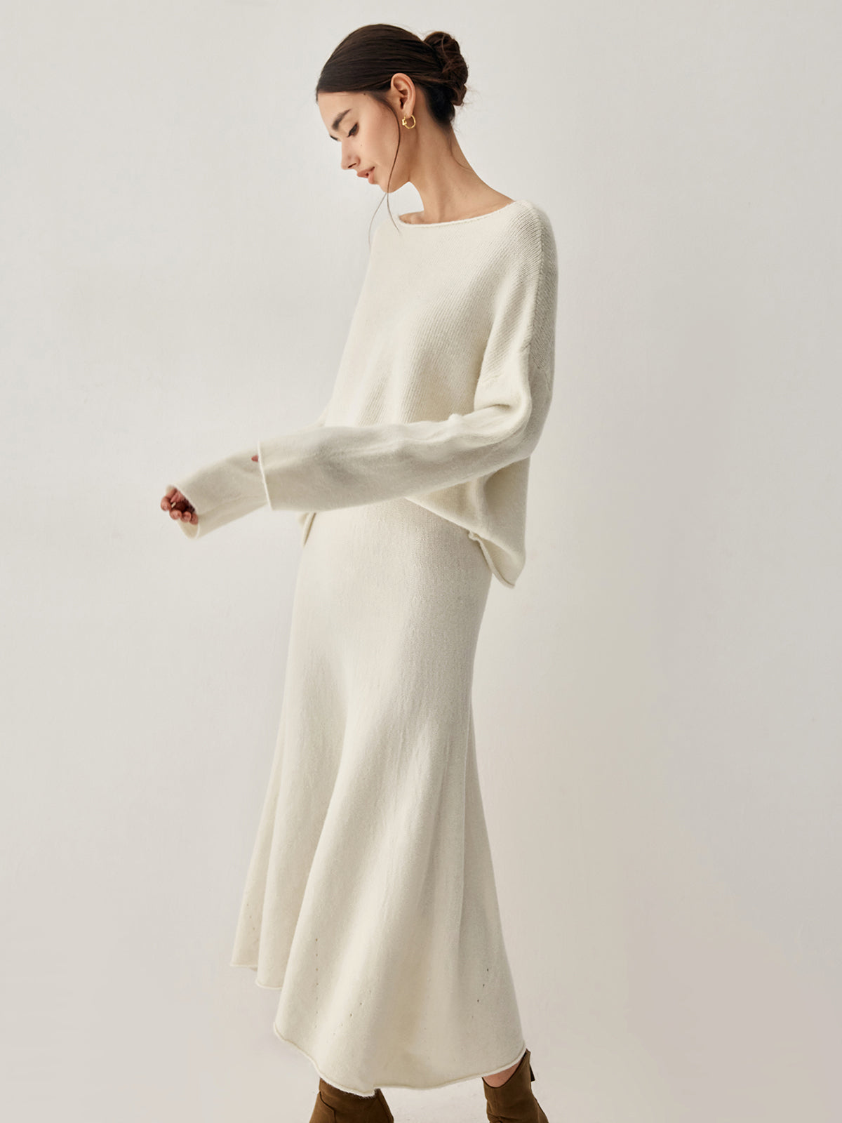 Jehanne cream boat-neck sweater and flared midi skirt set, side view