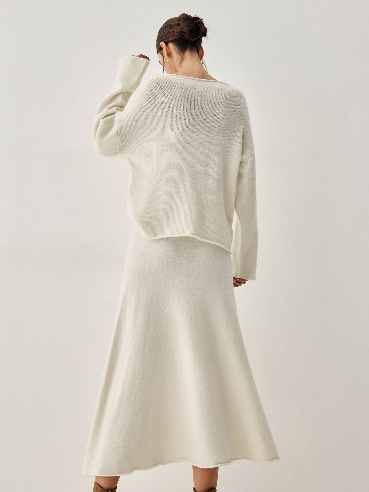 Jehanne cream boat-neck sweater and flared midi skirt set, back view