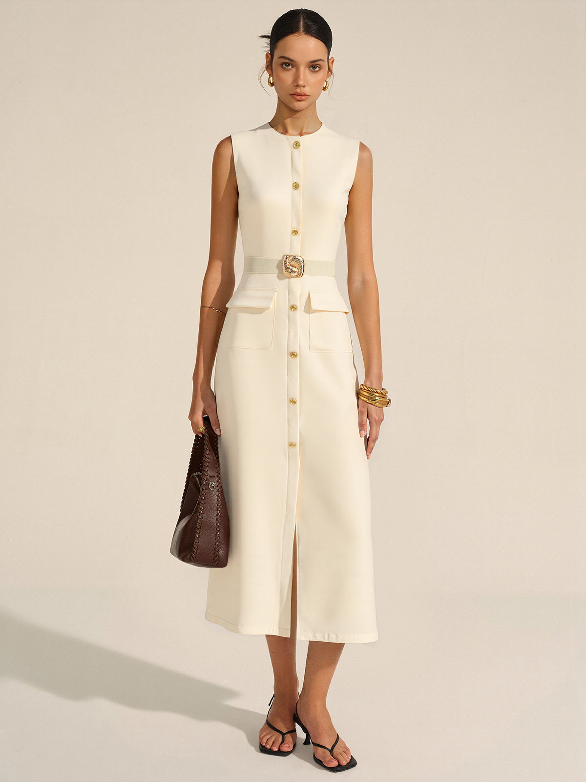 Josephine cream belted button-front midi dress, front view
