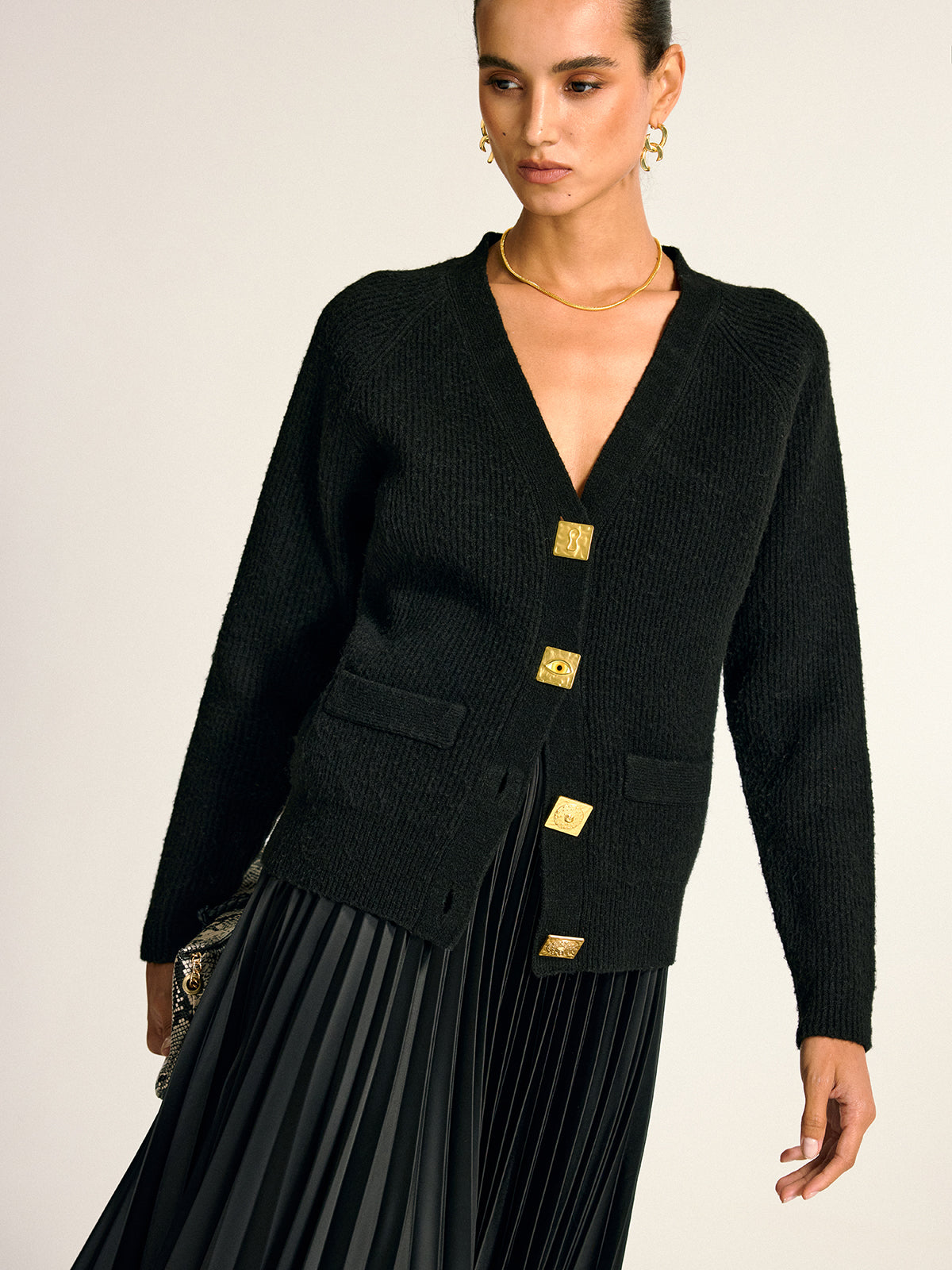 Judith black gold-button wool-blend cardigan, full-length view