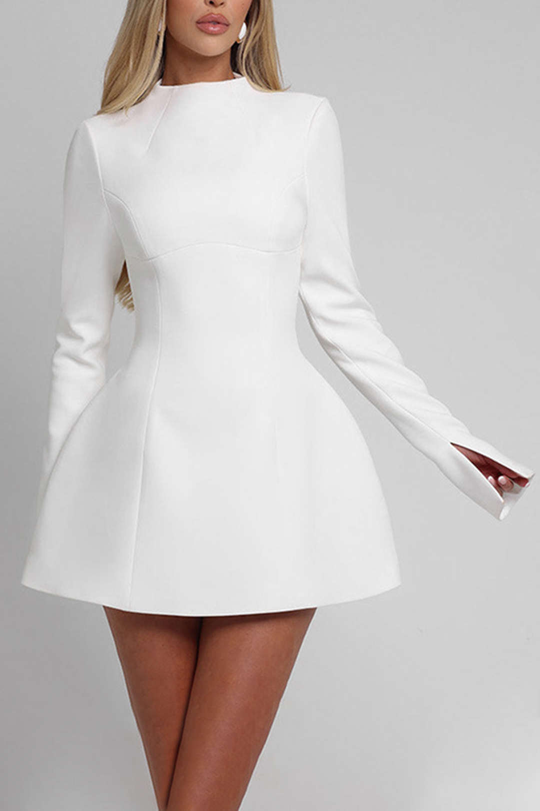Juliette white long-sleeve fit-and-flare mini dress, front view