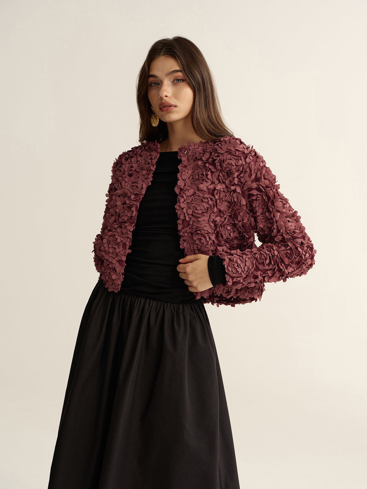 Katia Rosewood 3D floral applique cropped jacket, front view