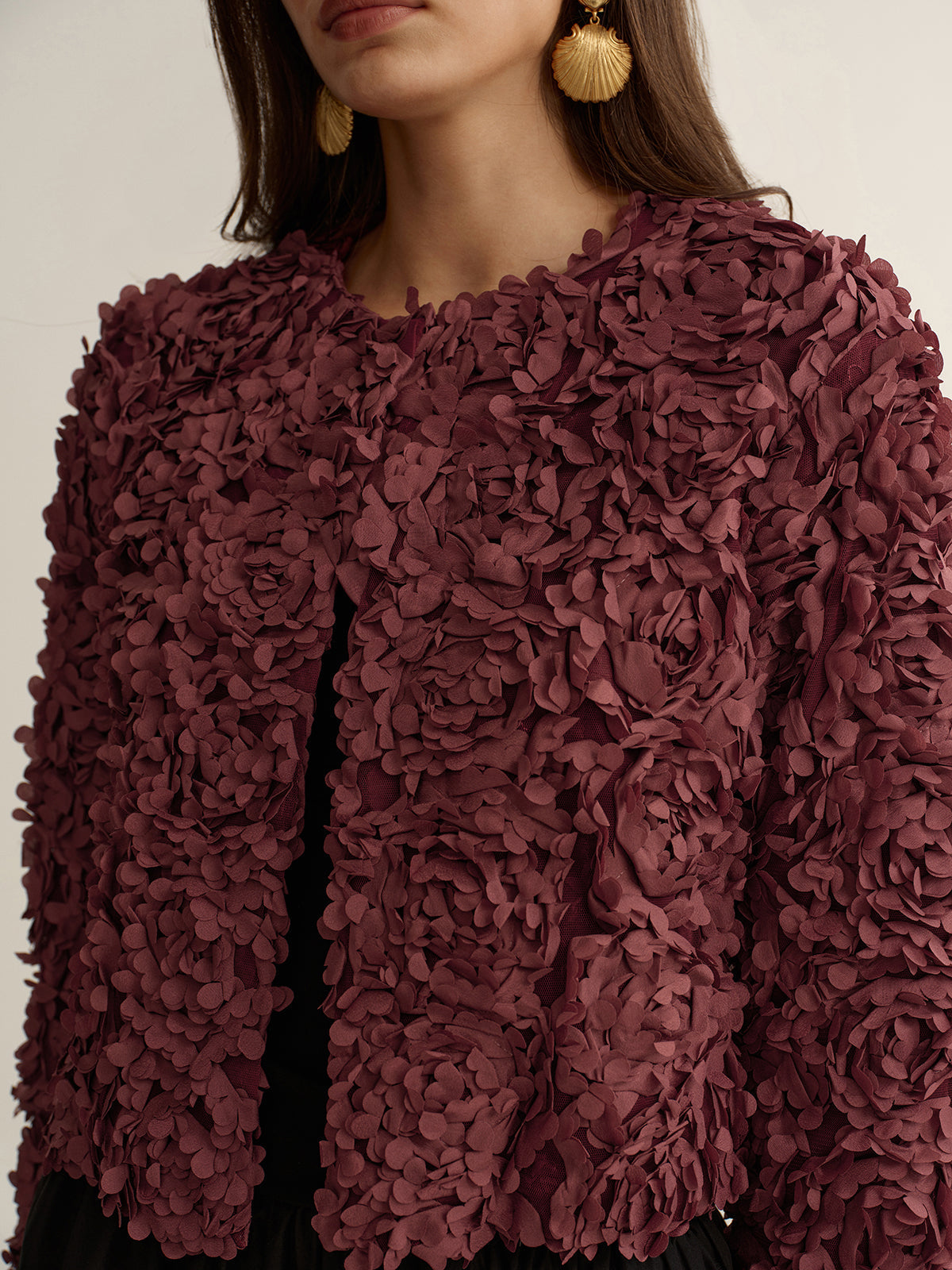 Katia Rosewood 3D floral applique cropped jacket, close-up of the applied petal rosettes