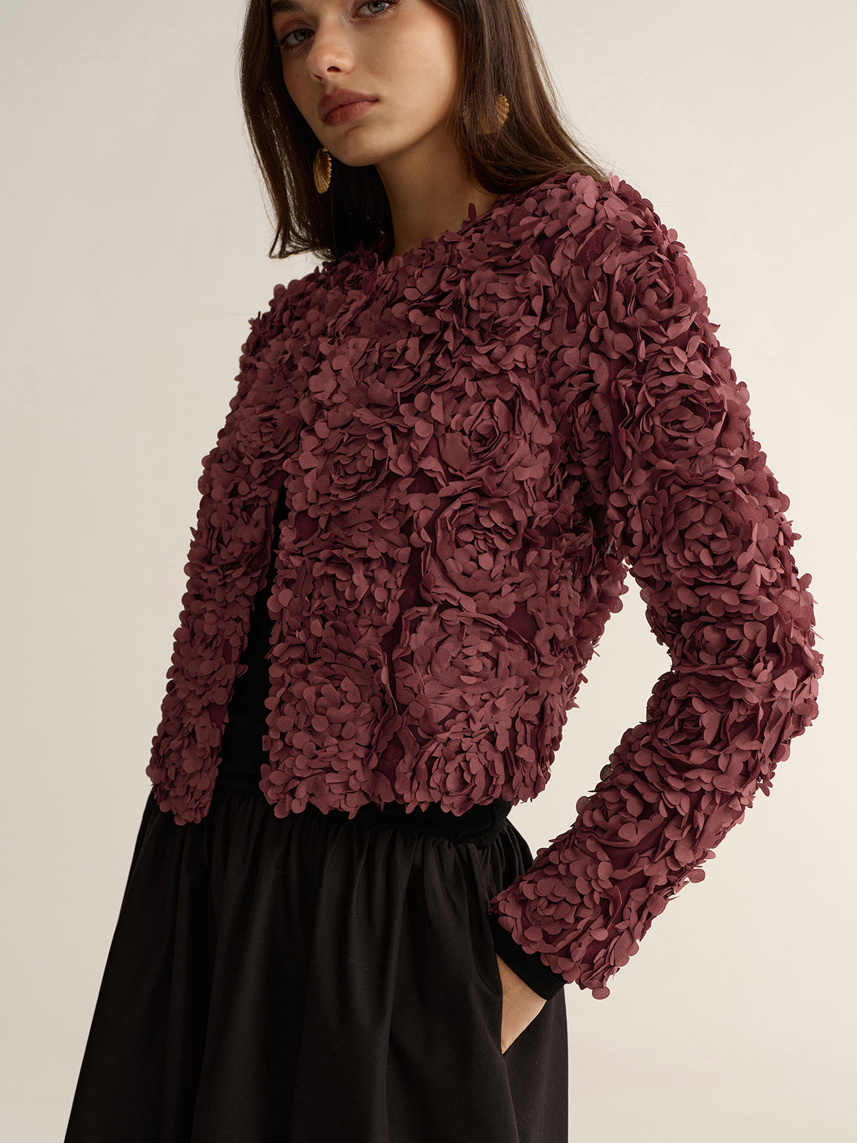 Katia Rosewood 3D floral applique cropped jacket, side view