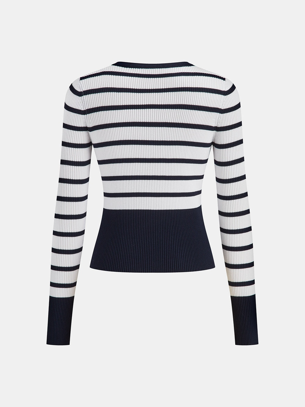 Laurette white and navy striped cardigan laid flat, back