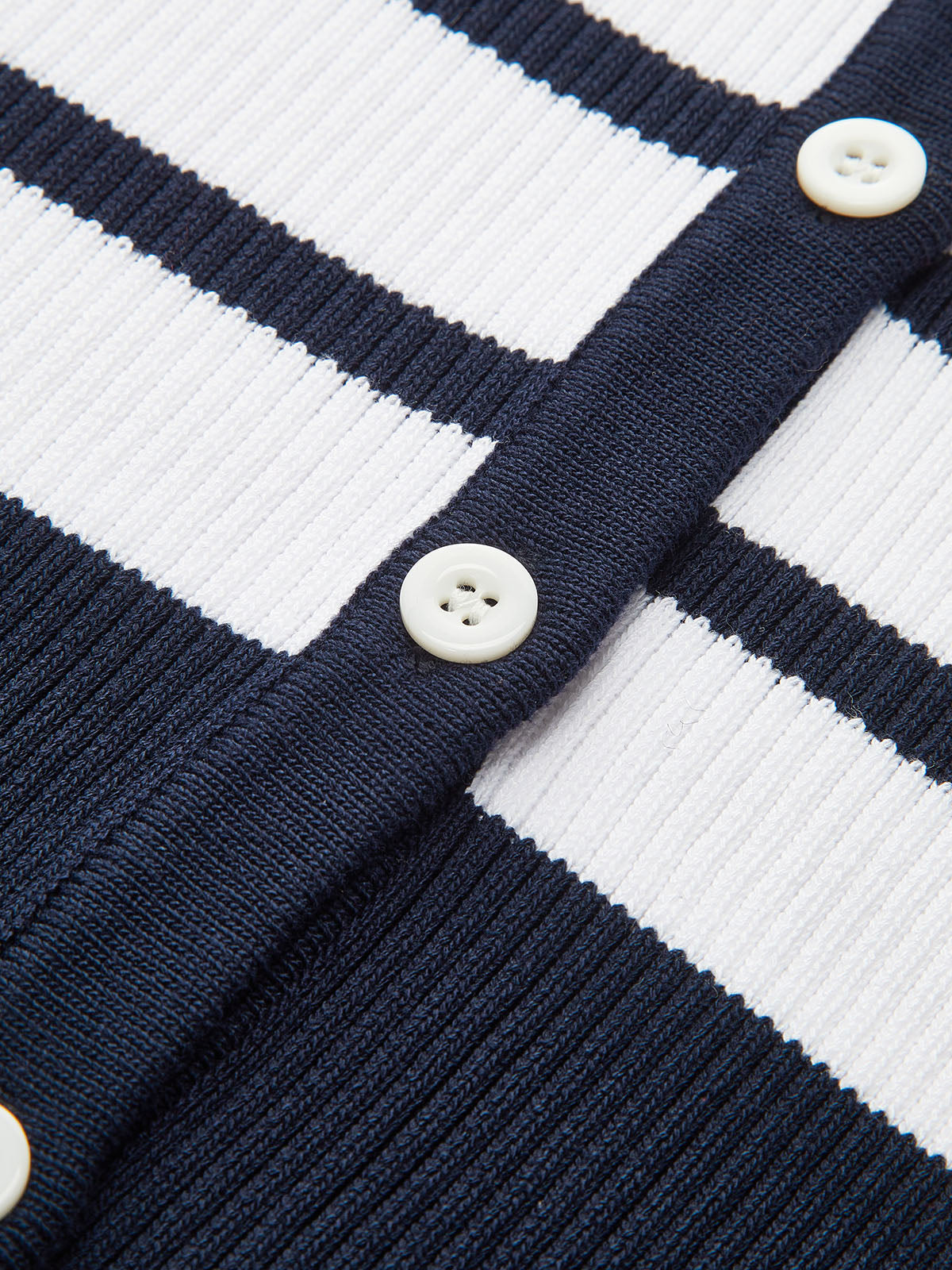 Laurette cardigan, close-up of the cream buttons and navy placket