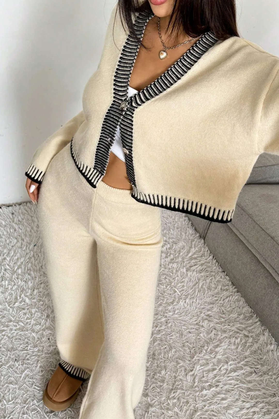 Leocadie beige cardigan and wide-leg trouser set with contrast stitch, front view