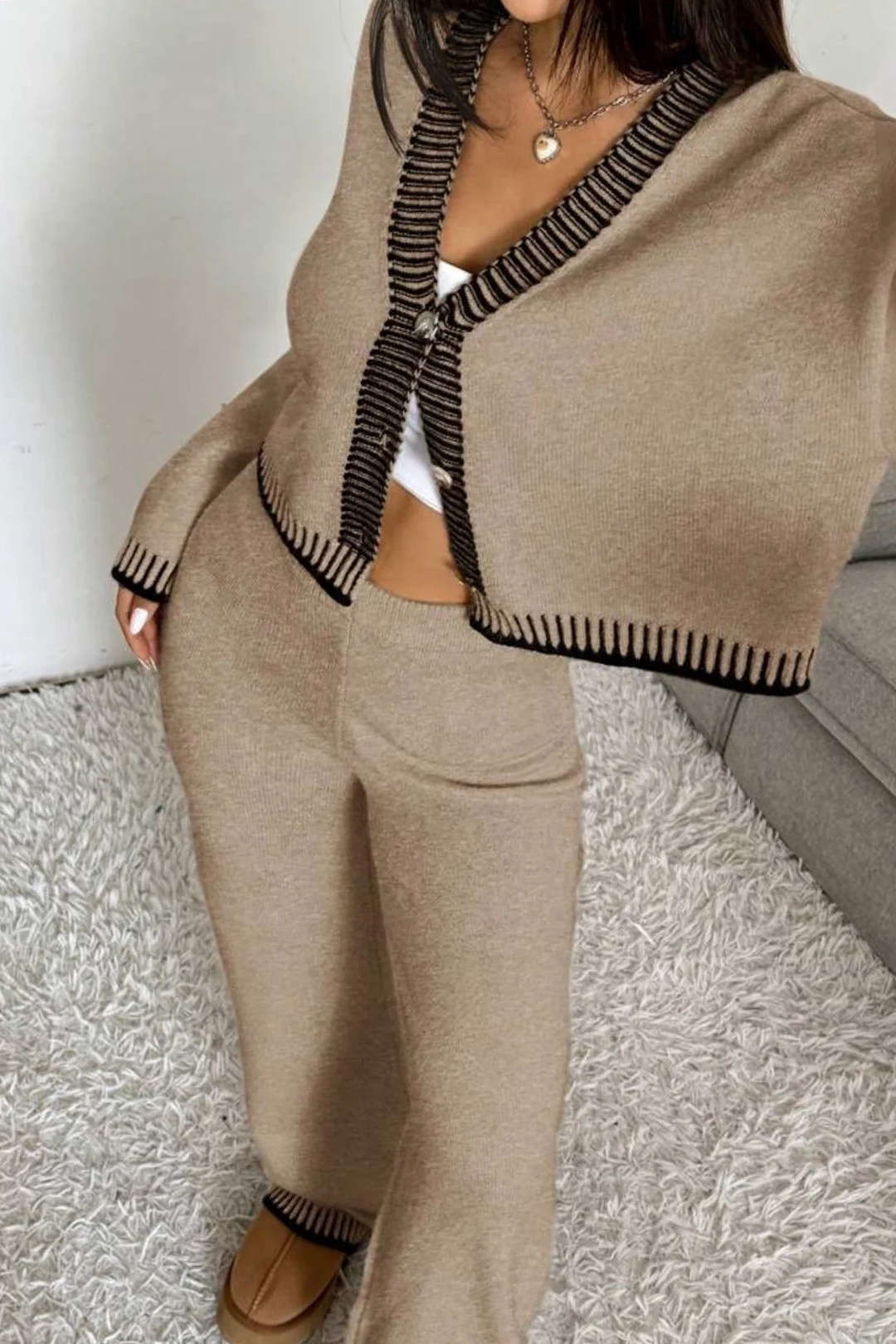 Leocadie taupe cardigan and wide-leg trouser set, front view
