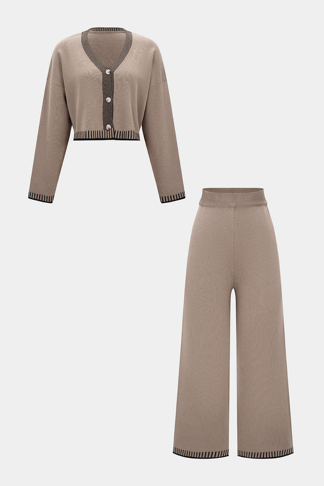 Leocadie taupe knit set showing the cropped cardigan length