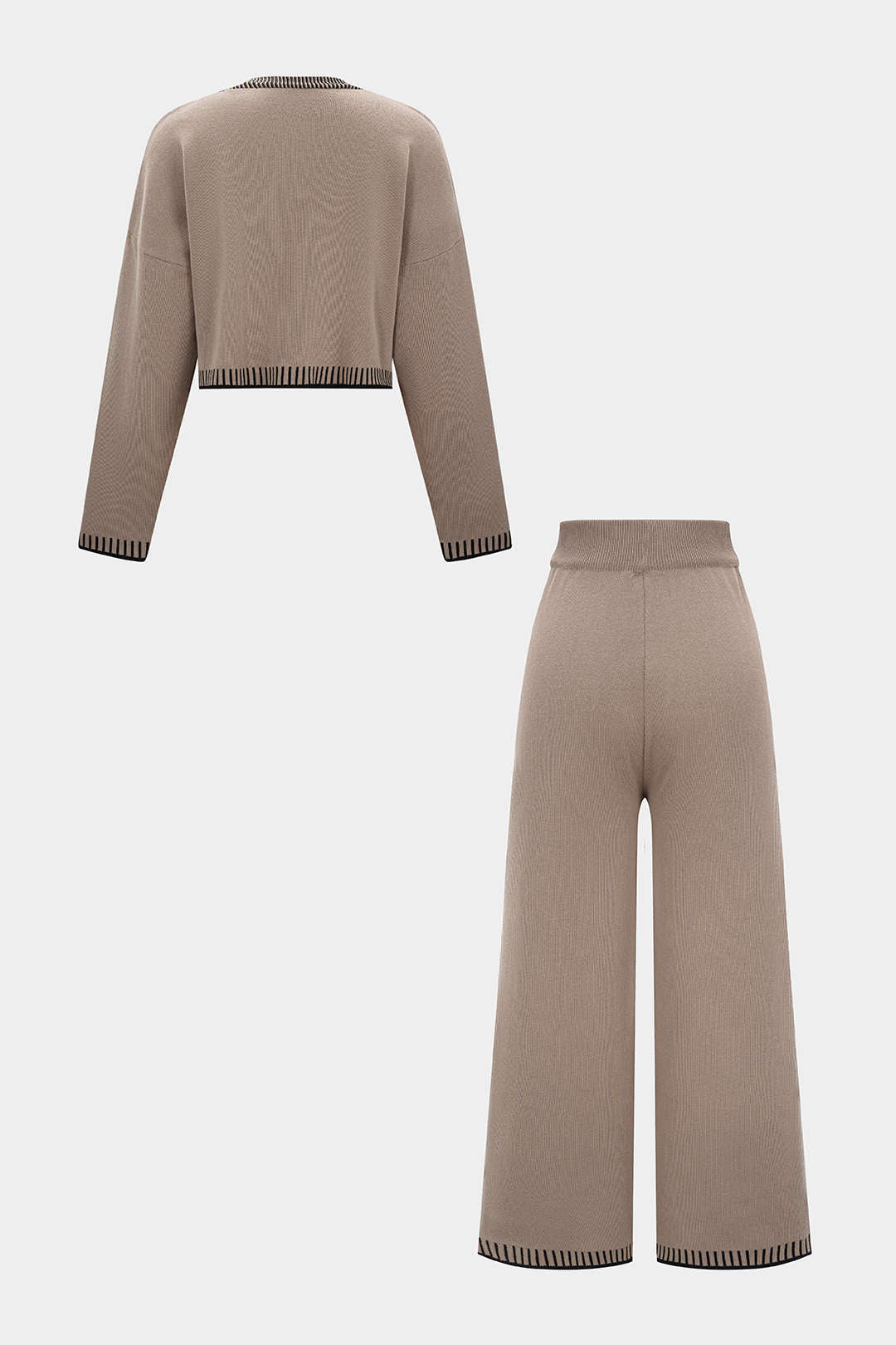 Leocadie taupe cardigan and trousers laid flat, both pieces