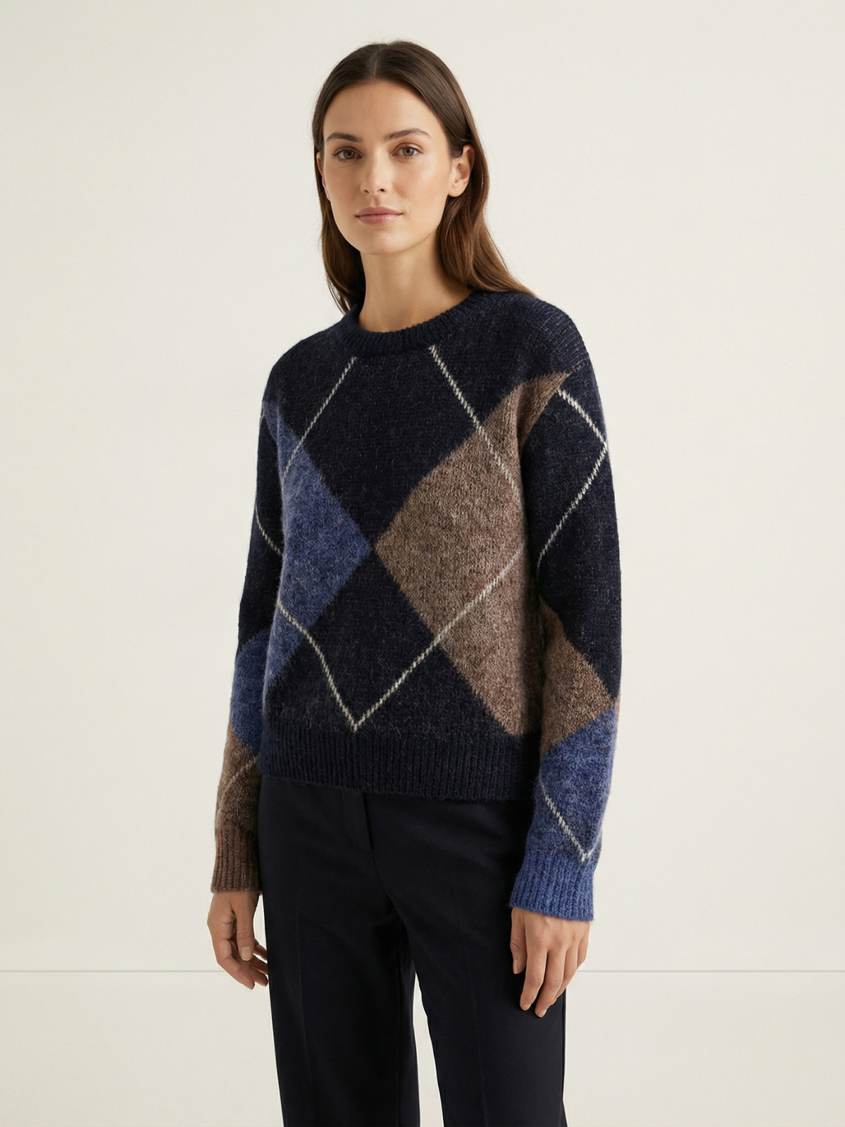 Leonie navy blue argyle crew-neck knit sweater, front view