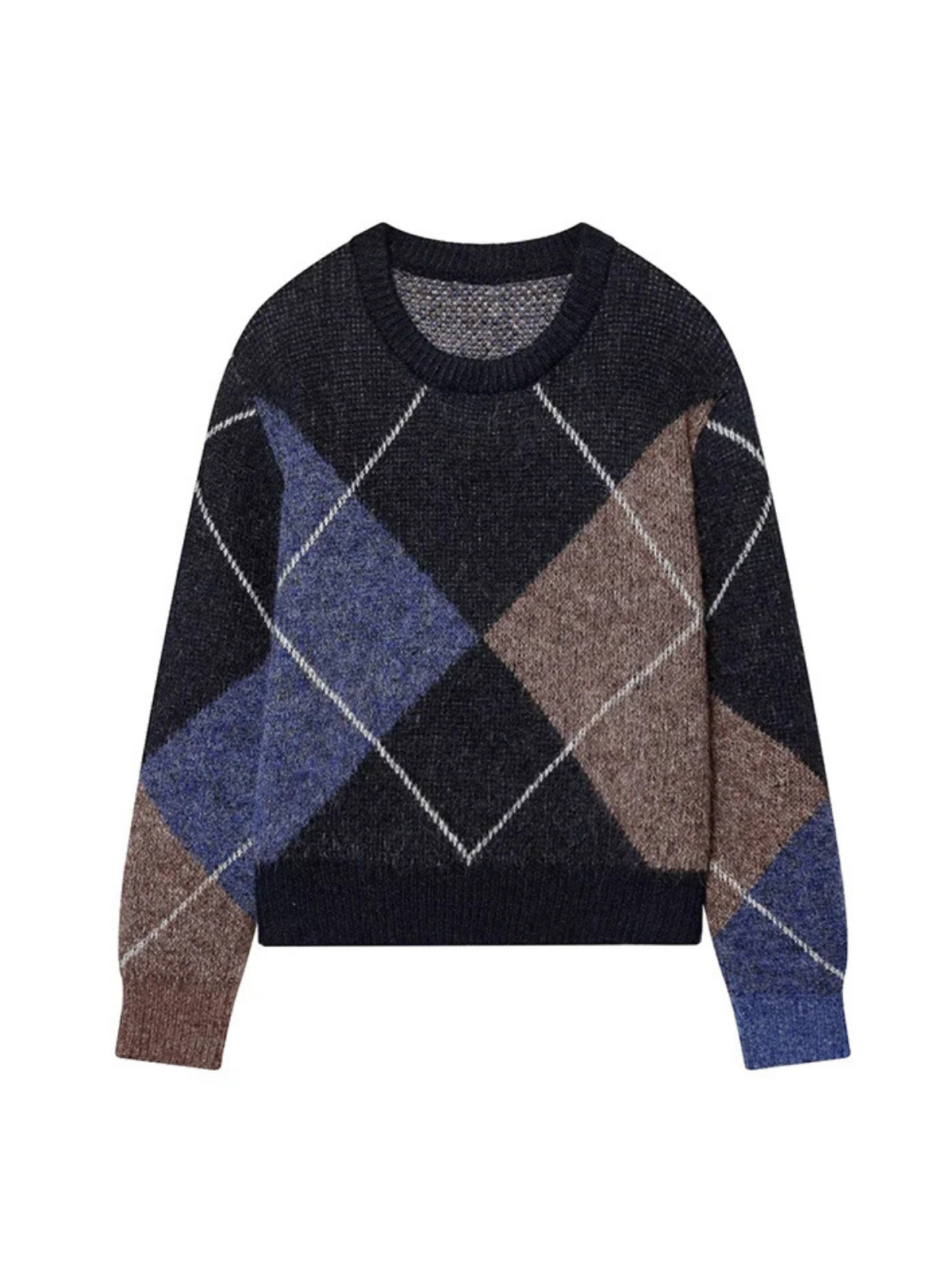 Leonie navy blue argyle sweater shown flat, front