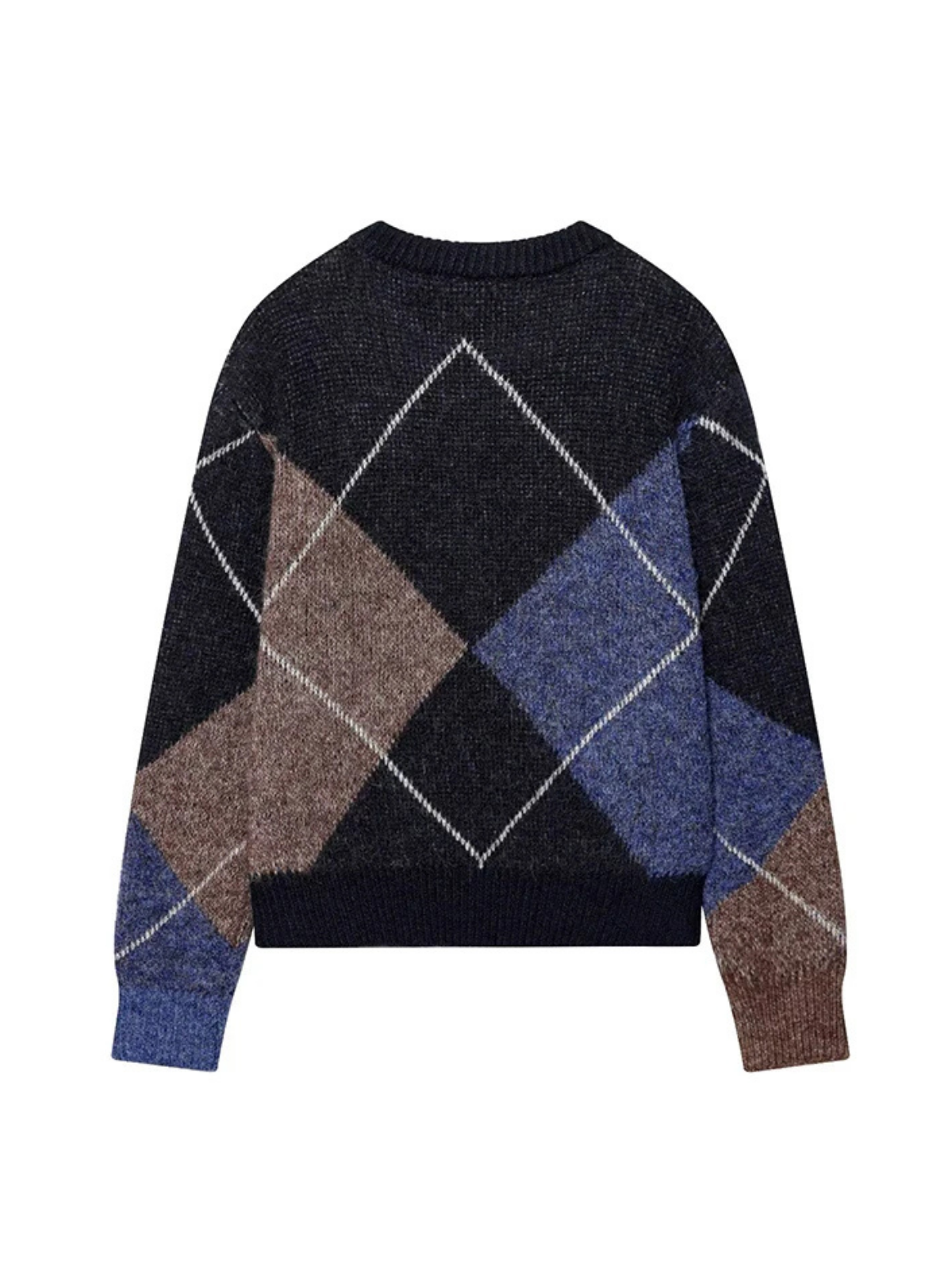 Leonie navy blue argyle sweater shown flat with the sleeves laid out