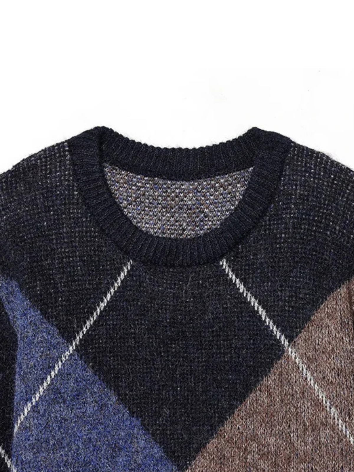 Close-up of the ribbed crew neckline on the Leonie sweater