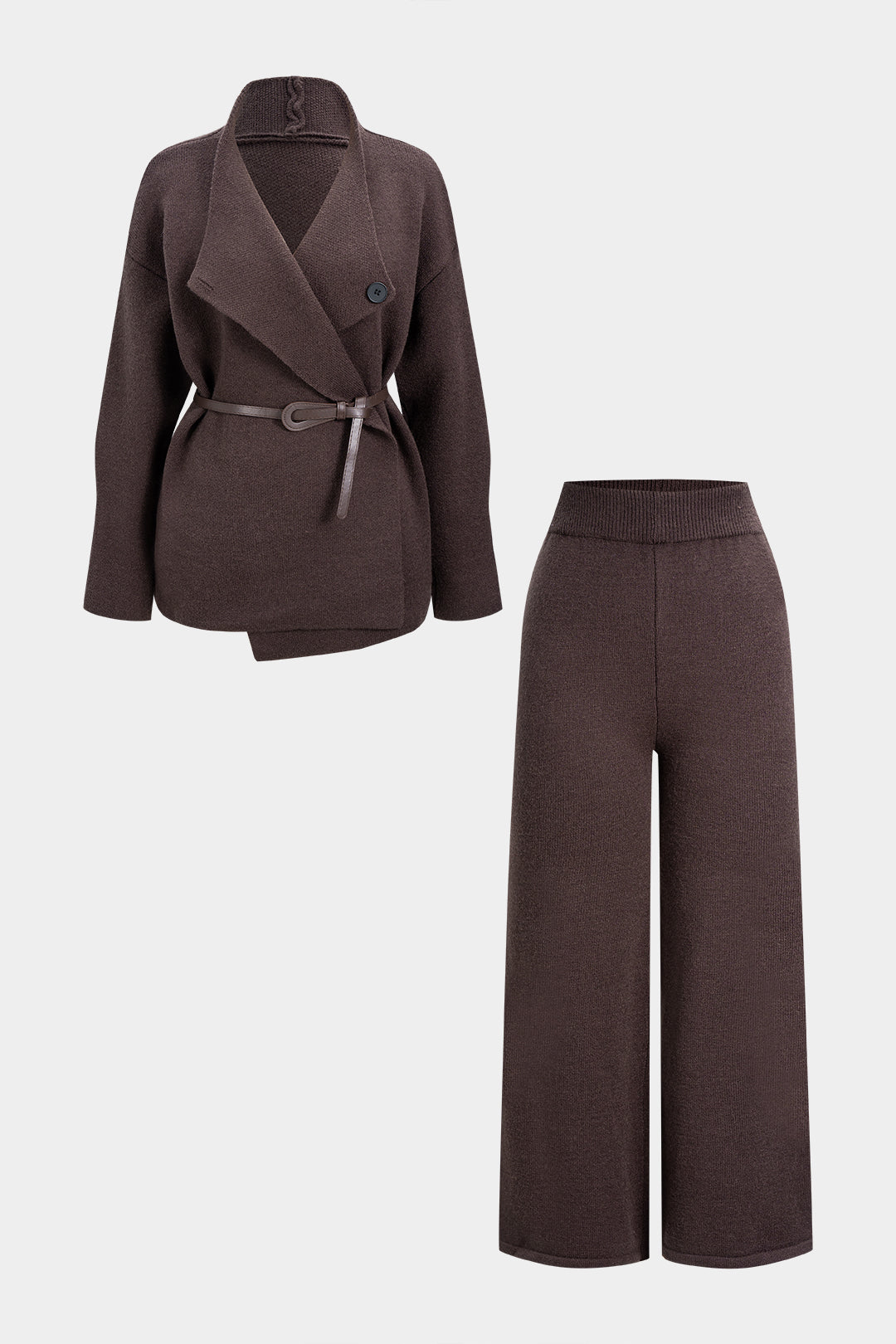 Leontine coffee wrap-front belted knit jacket and trouser set, shown flat