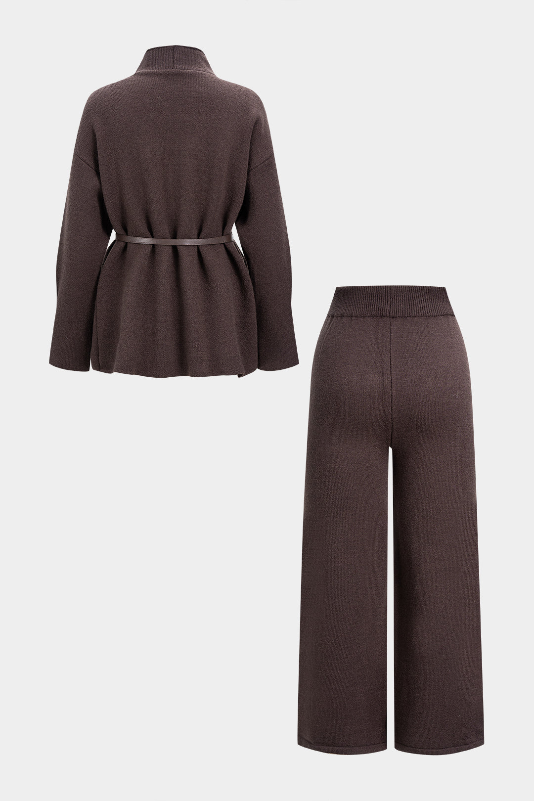 Leontine coffee knit jacket and trousers, back view