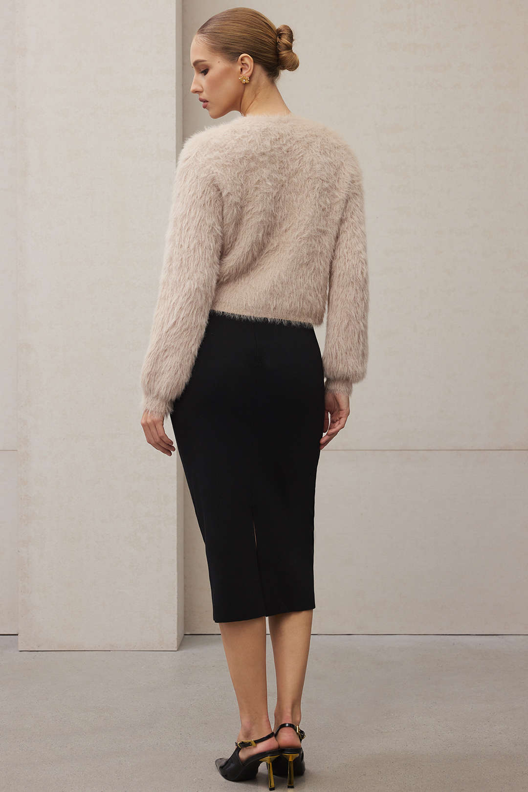 Liliane beige eyelash-knit cropped cardigan, back view