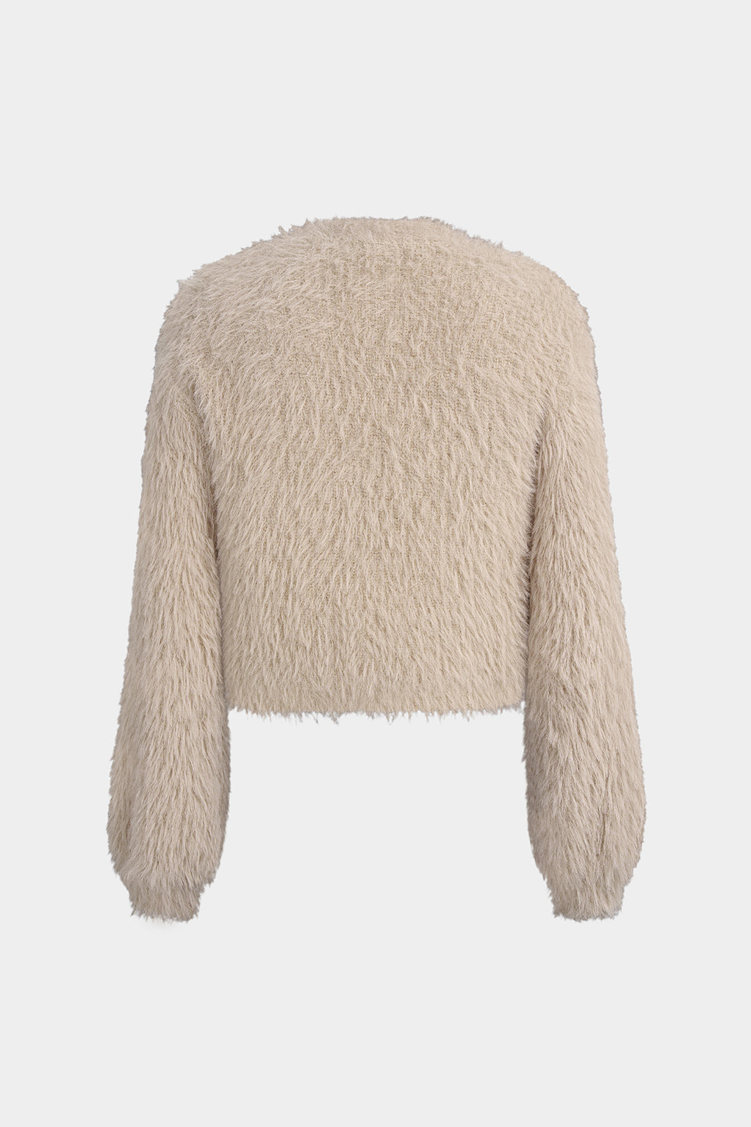 Liliane beige eyelash-knit cropped cardigan laid flat, back