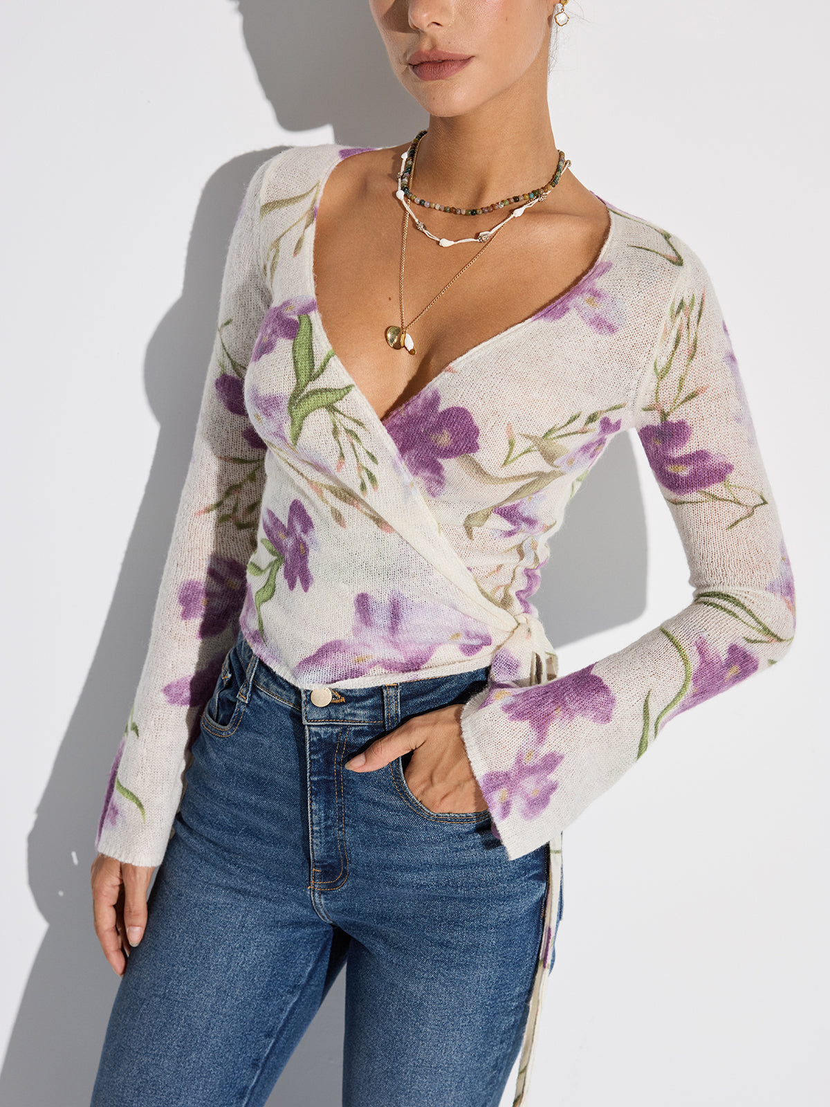 Lisette floral knit blouse with tie detail, front view