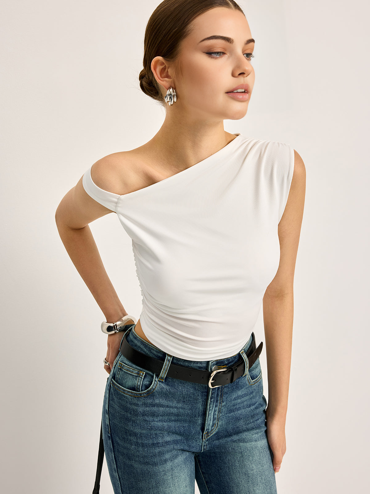 Lucienne white ribbed off-shoulder top, front view