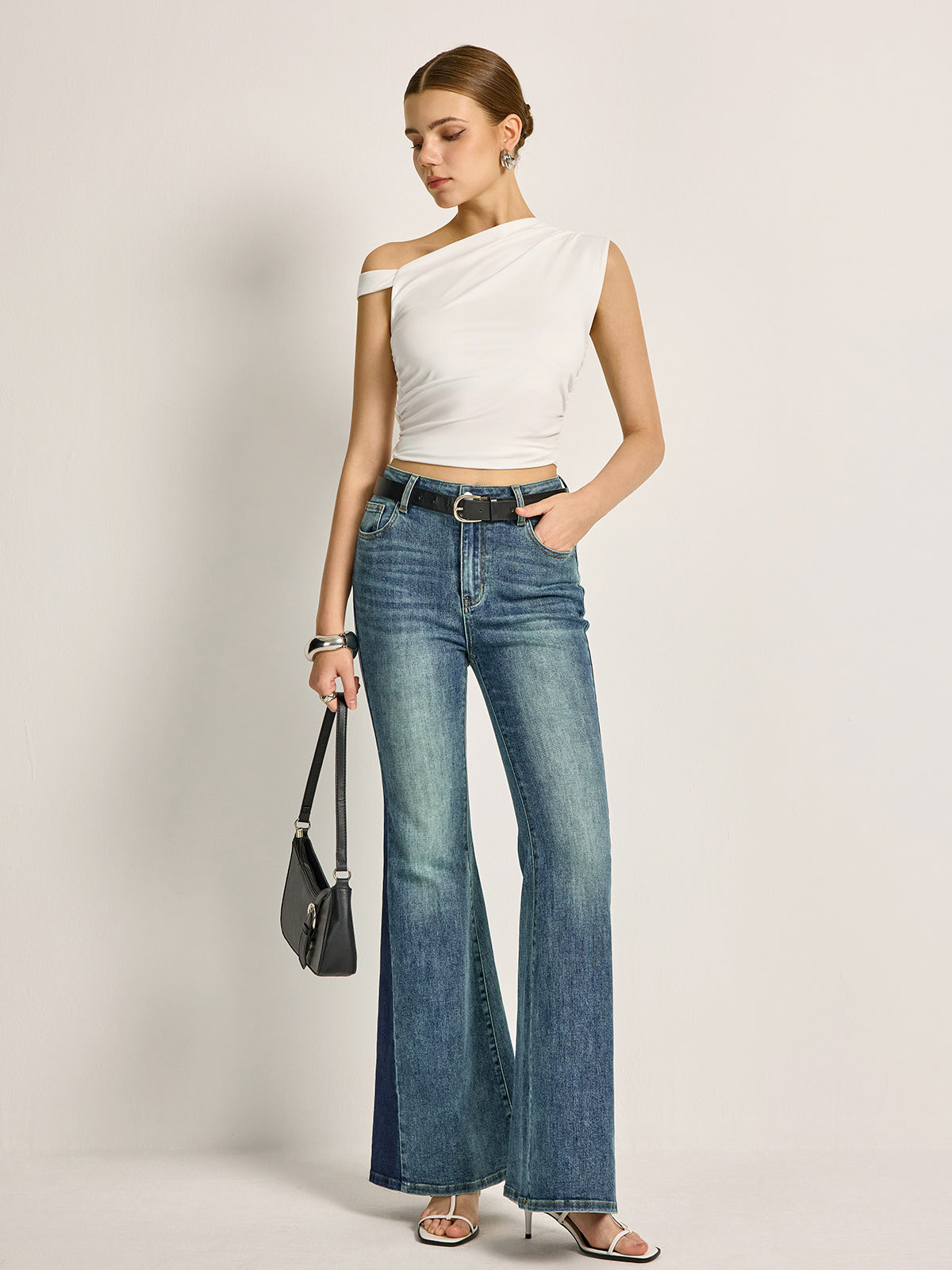 Lucienne white ribbed off-shoulder top, full-length view