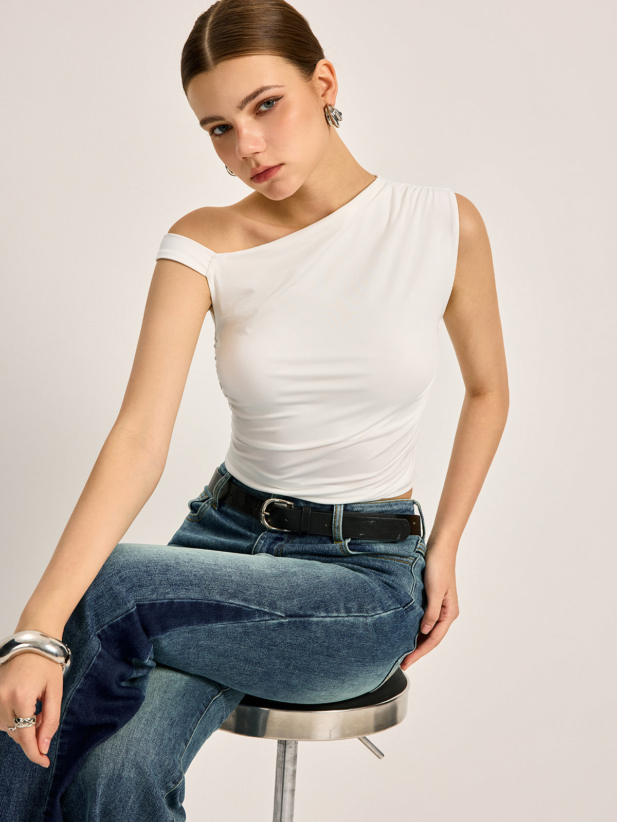 Lucienne ribbed off-shoulder top, seated front view