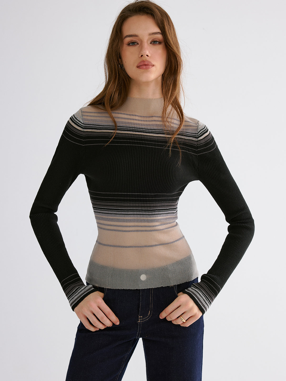 Lydie multicolor ombre stripe sheer ribbed knit top, front view