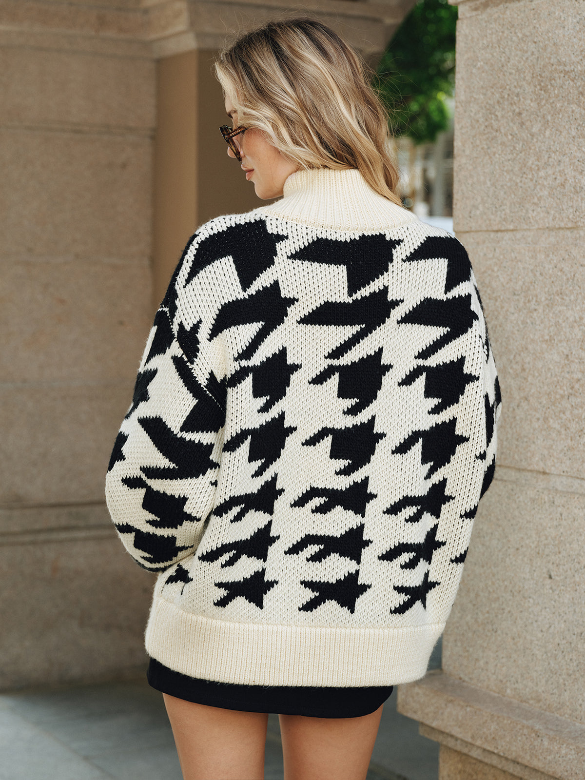 Madeleine geometric pattern cardigan styled on model