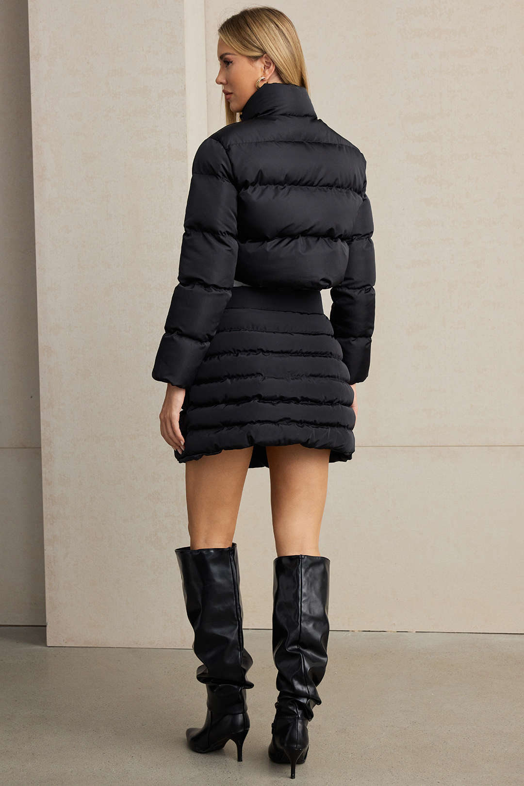 Maelle black quilted high-neck jacket, back view