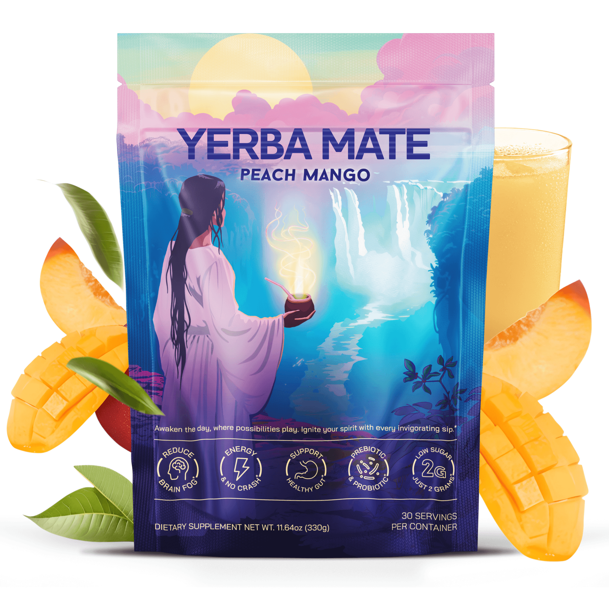 Yerba Mate Instant Tea Powder Lion's Mane, L-Theanine & Probiotics, 30 Servings