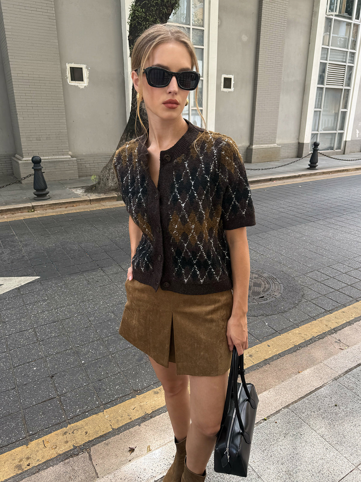 Marceline brown argyle short-sleeve cardigan, front view