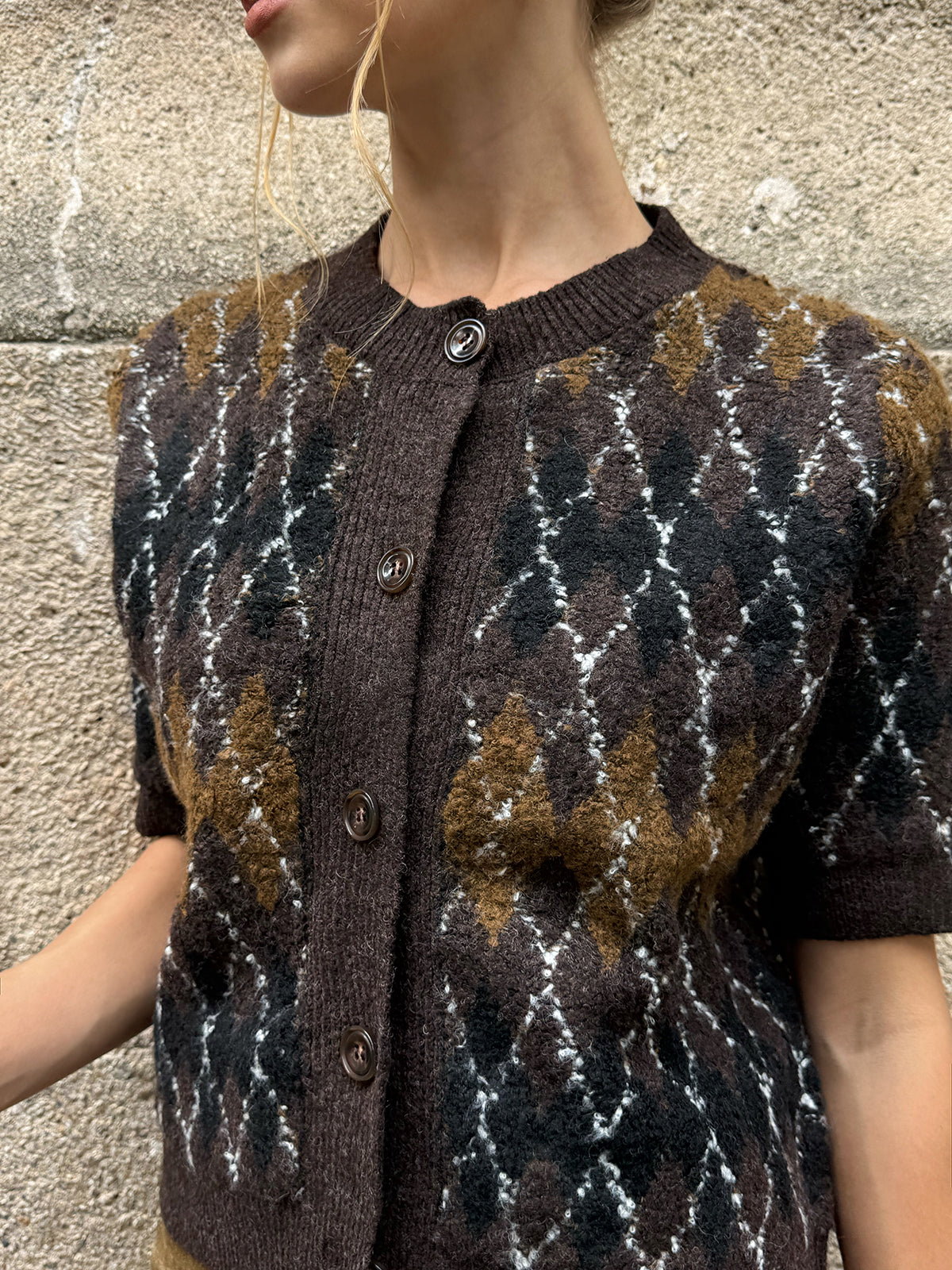 Marceline brown argyle cardigan, close-up of the knitted-in diamond pattern