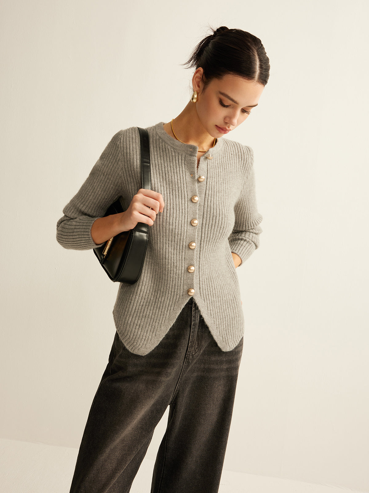 Margot gray ribbed cardigan worn open at the neck, standing view