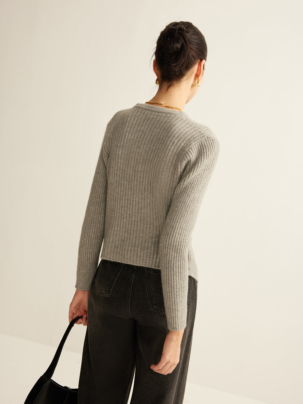 Margot gray ribbed button cardigan, back view