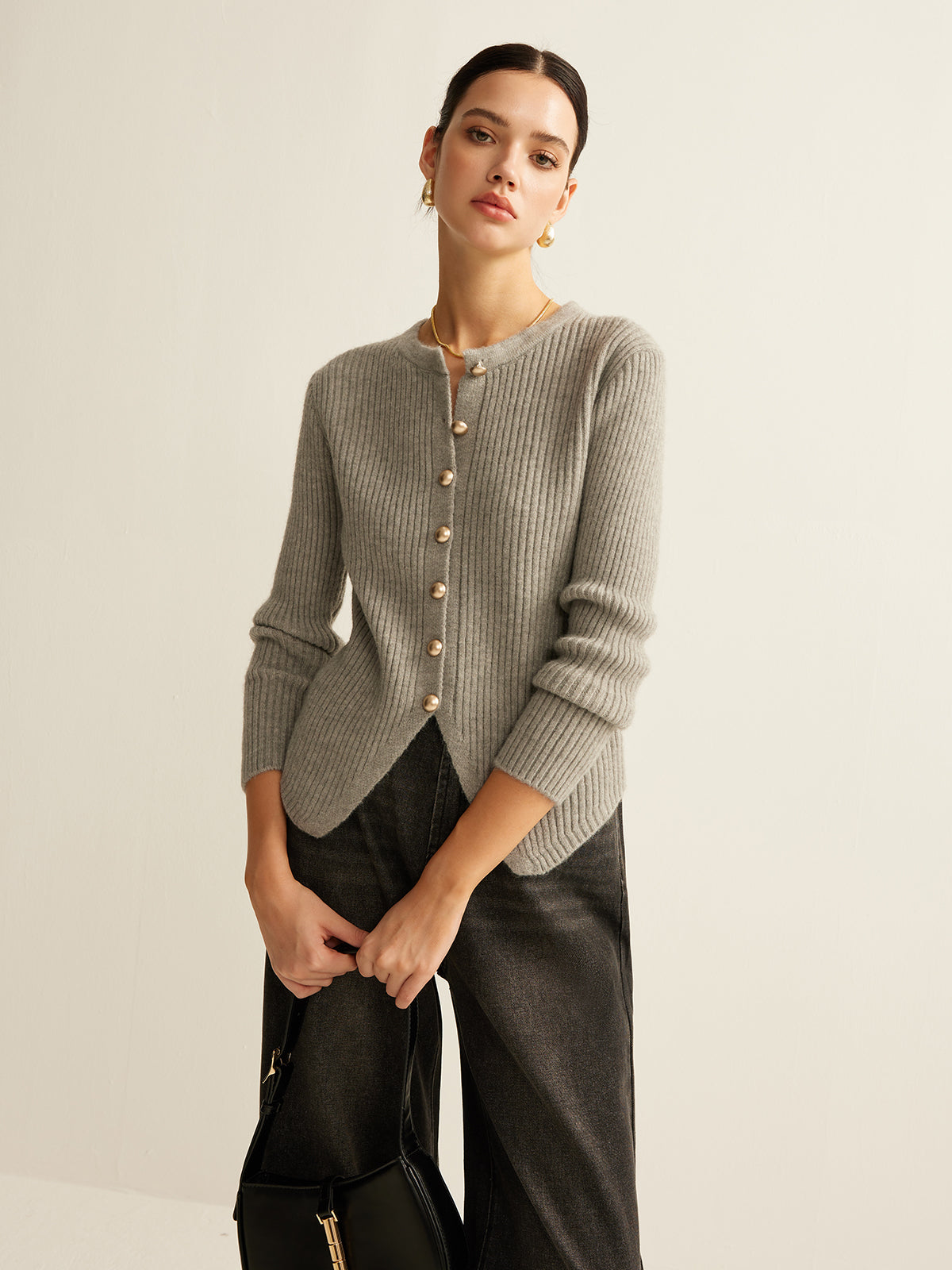 Margot gray ribbed cardigan with black wide-leg jeans, full-length view